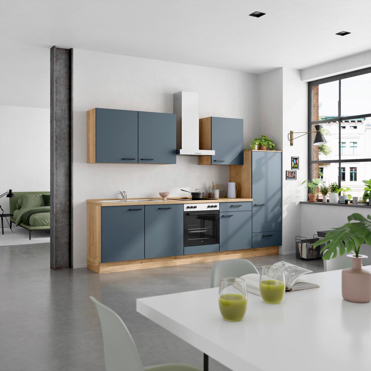Küchenblock Easytouch Low m. Geräten Dunkelblau - Eichefarben/Schwarz, MODERN, Holzwerkstoff/Metall (300cm) - Nobilia