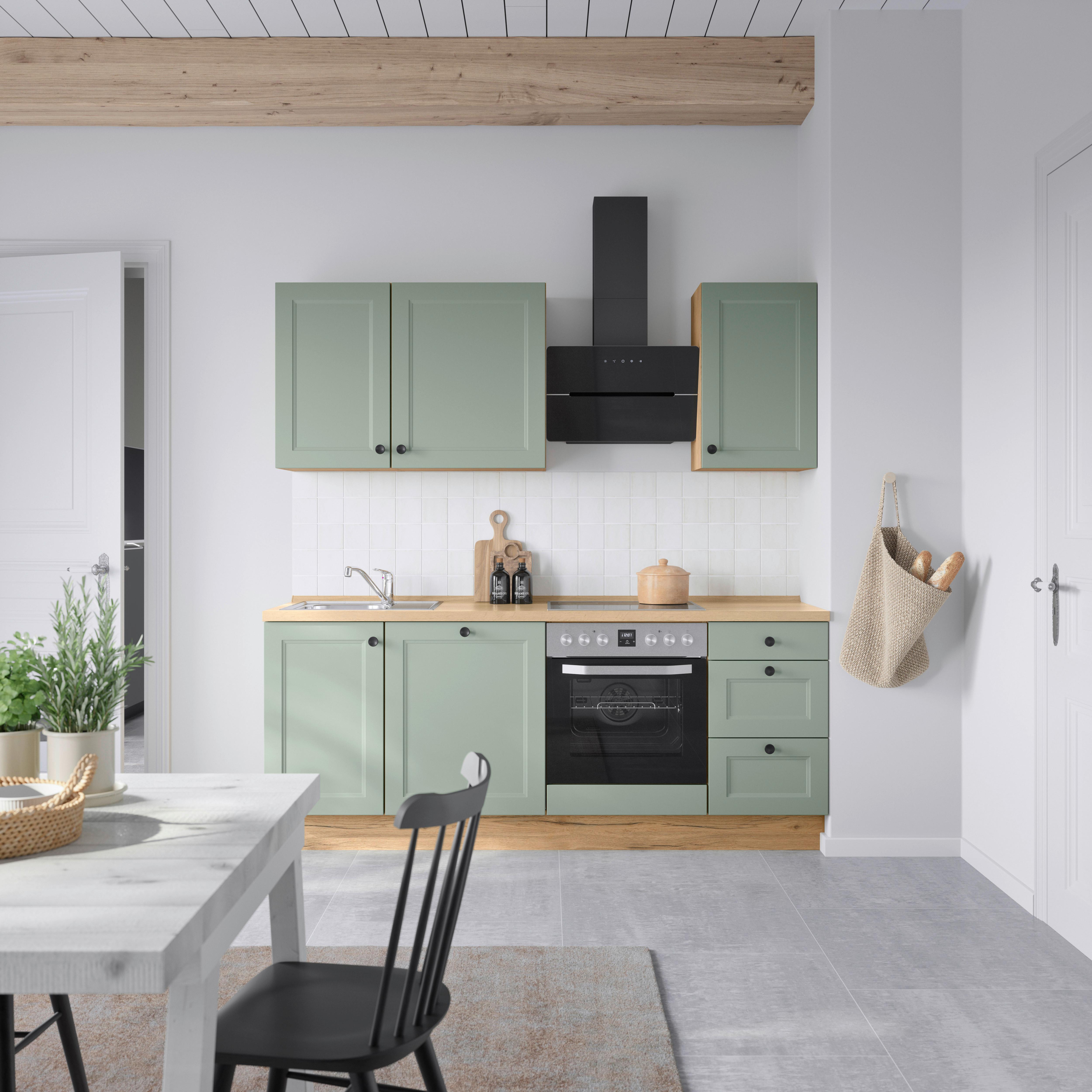 Küchenblock Cascada High m. Geräten Schilfgrün - Schilfgrün/Eichefarben, MODERN, Holzwerkstoff/Metall (210cm) - Nobilia
