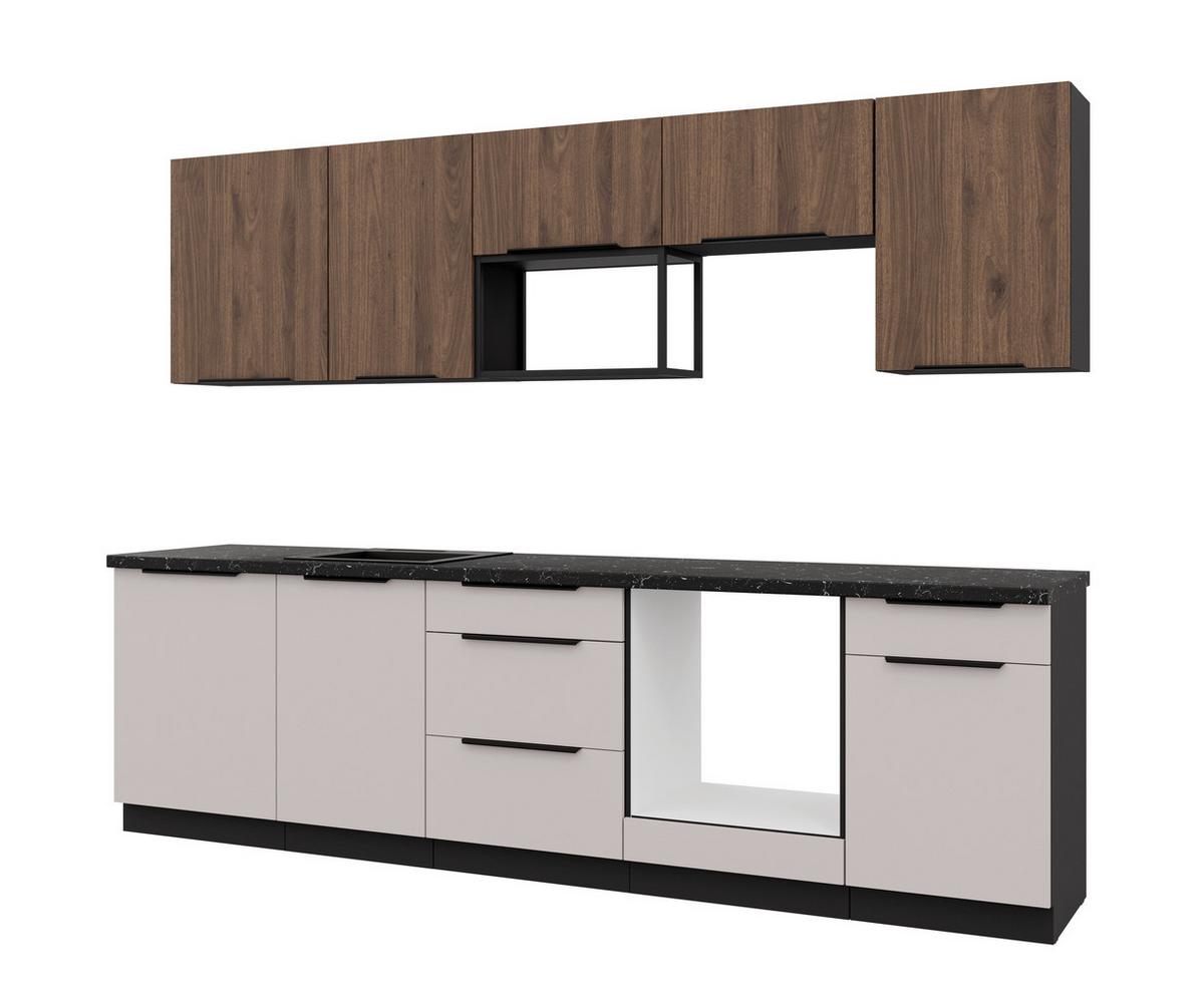 Bucatarie fara electrocasnice ARONA/MONZA - cașmir/culoare lemn de nuc, Modern, metal/material pe bază de lemn (280/210/60cm) - Modern Living