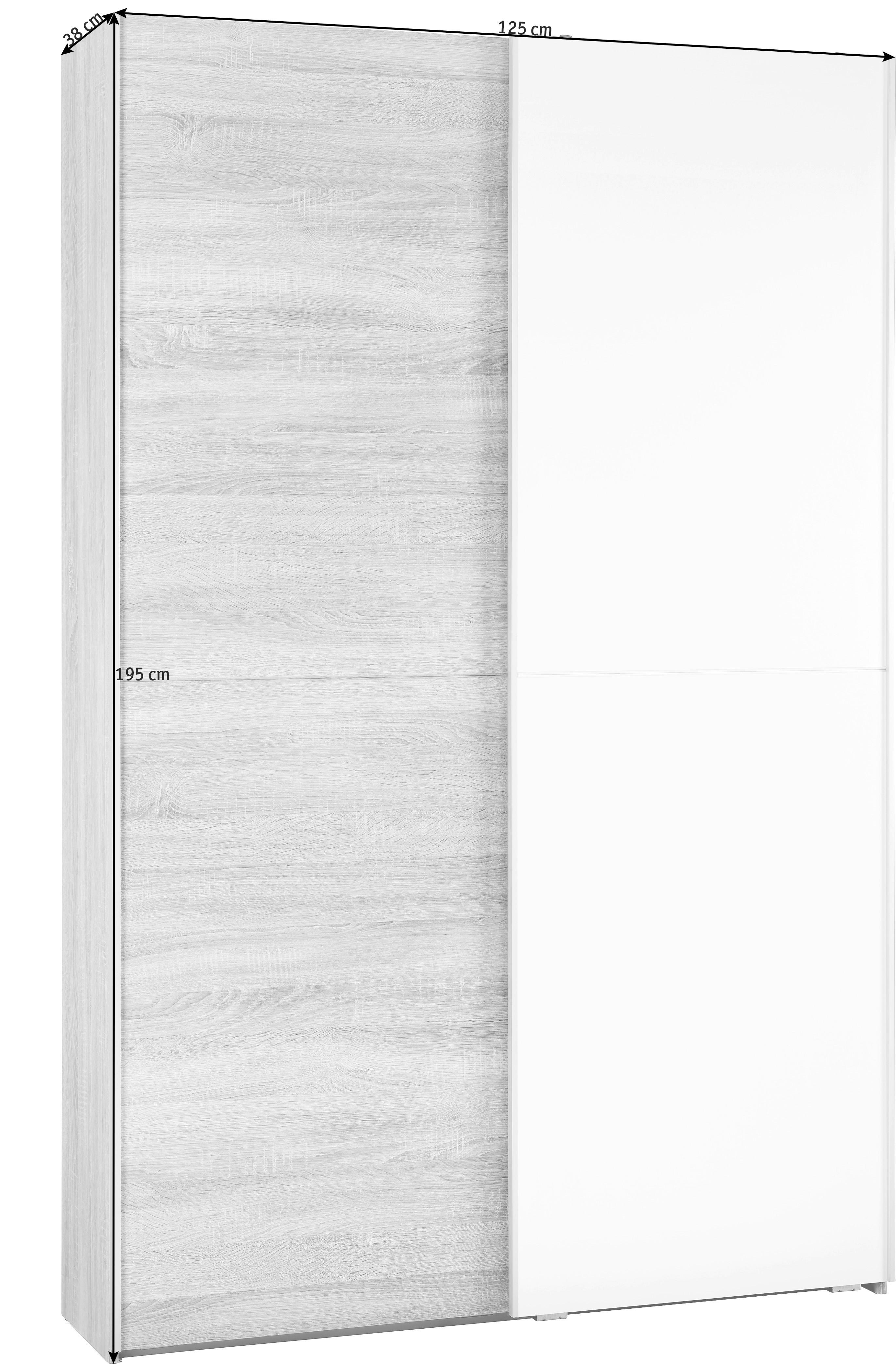 Omara Z Drsnimi Vrati Aladin, Barva Hrasta, Bela, 125cm - bela/barve aluminija, Konvencionalno, leseni material (125/195/38cm) - Livetastic
