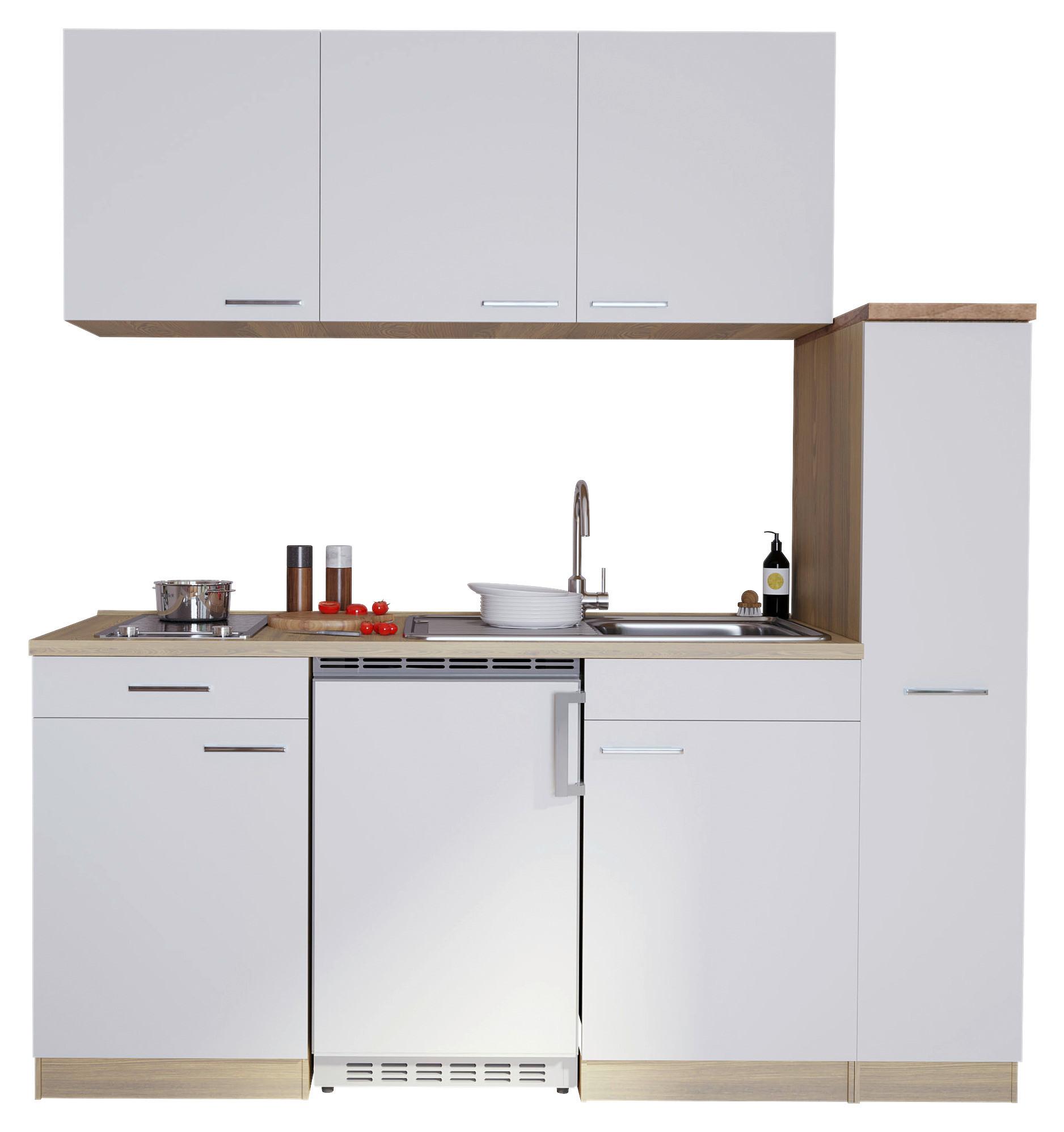 Miniküche Luis mit Geräten ca. 180 cm Weiß - Eichefarben/Alufarben, Basics, Holzwerkstoff/Kunststoff (180cm) - Respekta