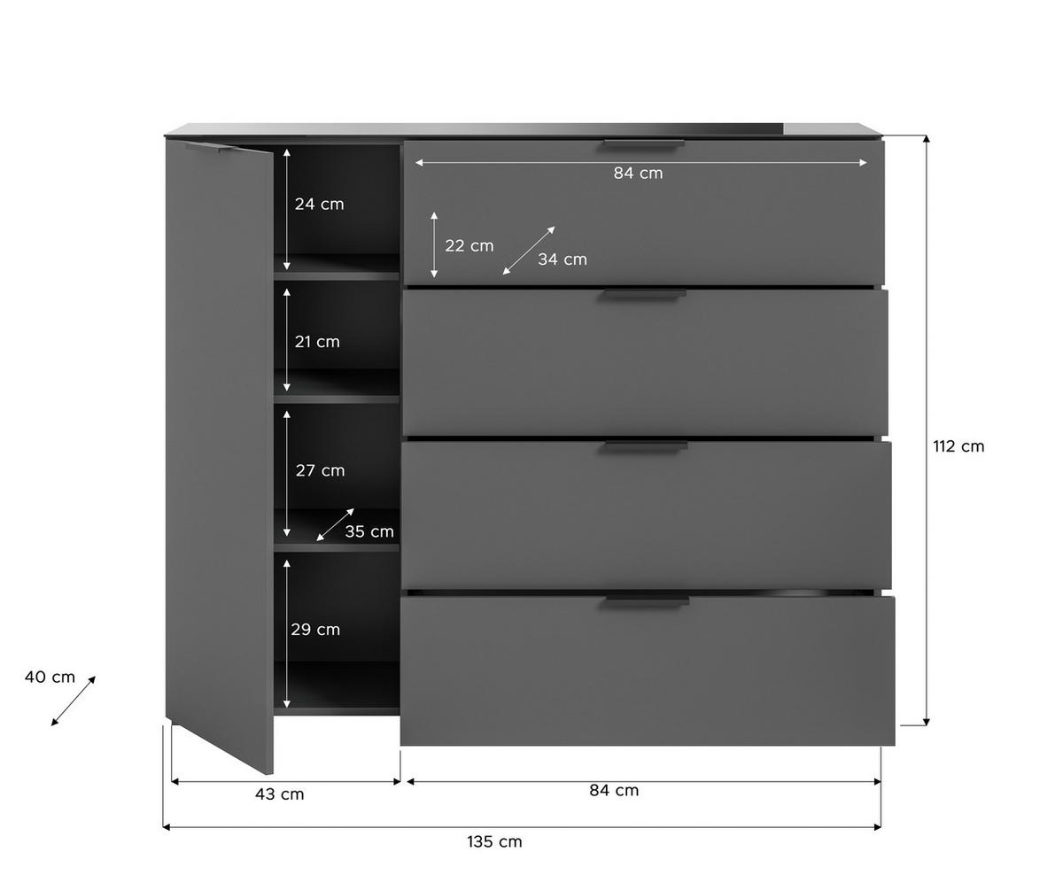 Kommode Ray ca. 135x112 cm Anthrazit - Anthrazit, Design, Glas/Holzwerkstoff (135/112/40cm) - Livetastic