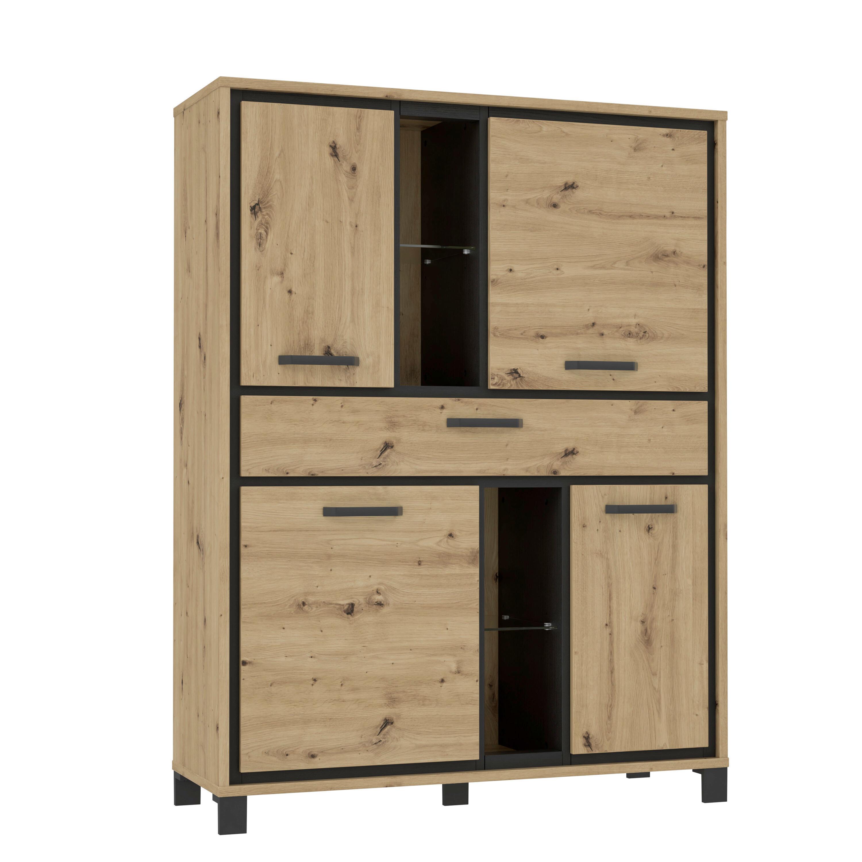 Highboard "Trondheim" , Schwarz, Eiche - Eichefarben/Schwarz, Basics, Glas/Holzwerkstoff (120,4/161/41,5cm) - Livetastic