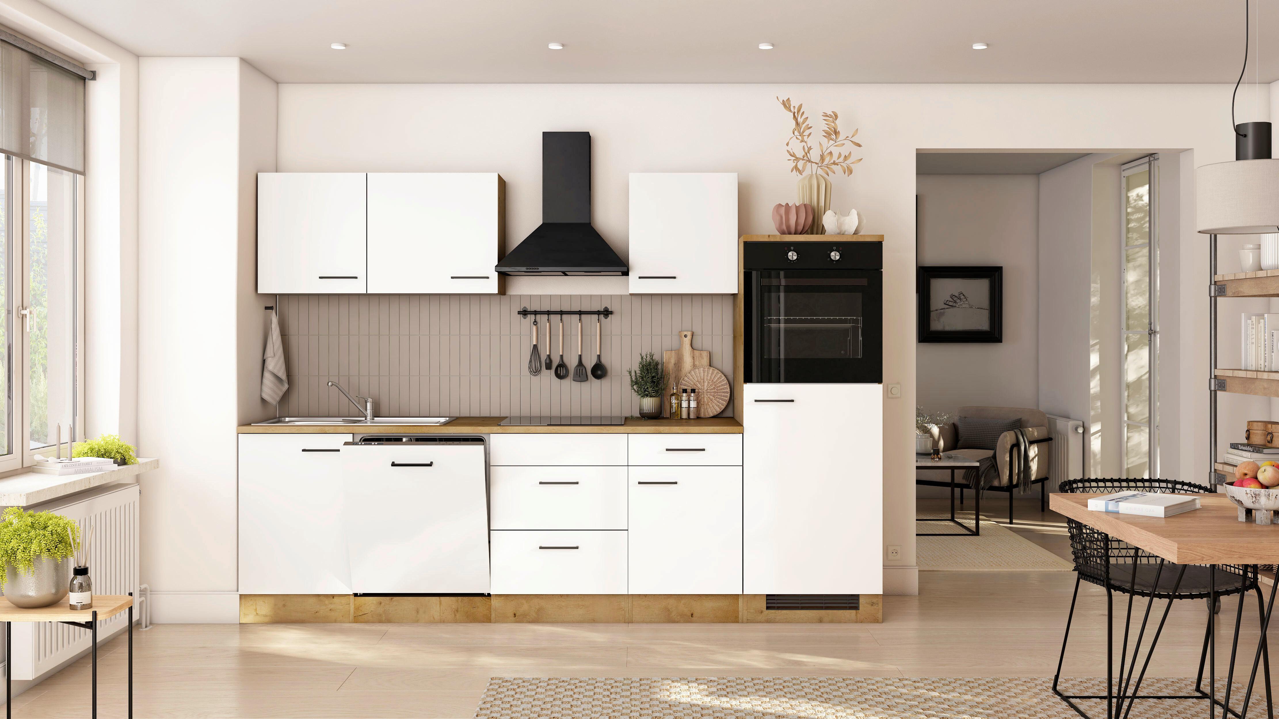 Küchenblock Avila m. Geräten Magnolie - Eichefarben/Magnolie, Trend, Holzwerkstoff/Metall (280cm) - FlexWell