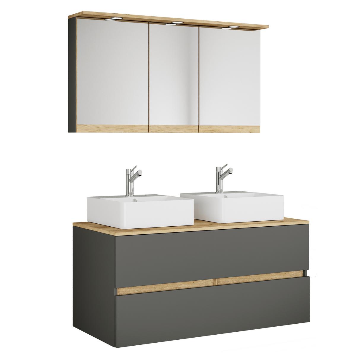Badezimmer Cosila - Honigeiche/Weiss, Trend, Keramik/Holzwerkstoff (111cm) - MID.YOU
