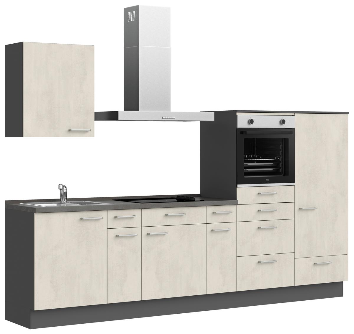 Küchenblock Riva Low m. Geräten Weiß - Schieferfarben/Edelstahlfarben, MODERN, Holzwerkstoff/Metall (300cm) - Nobilia