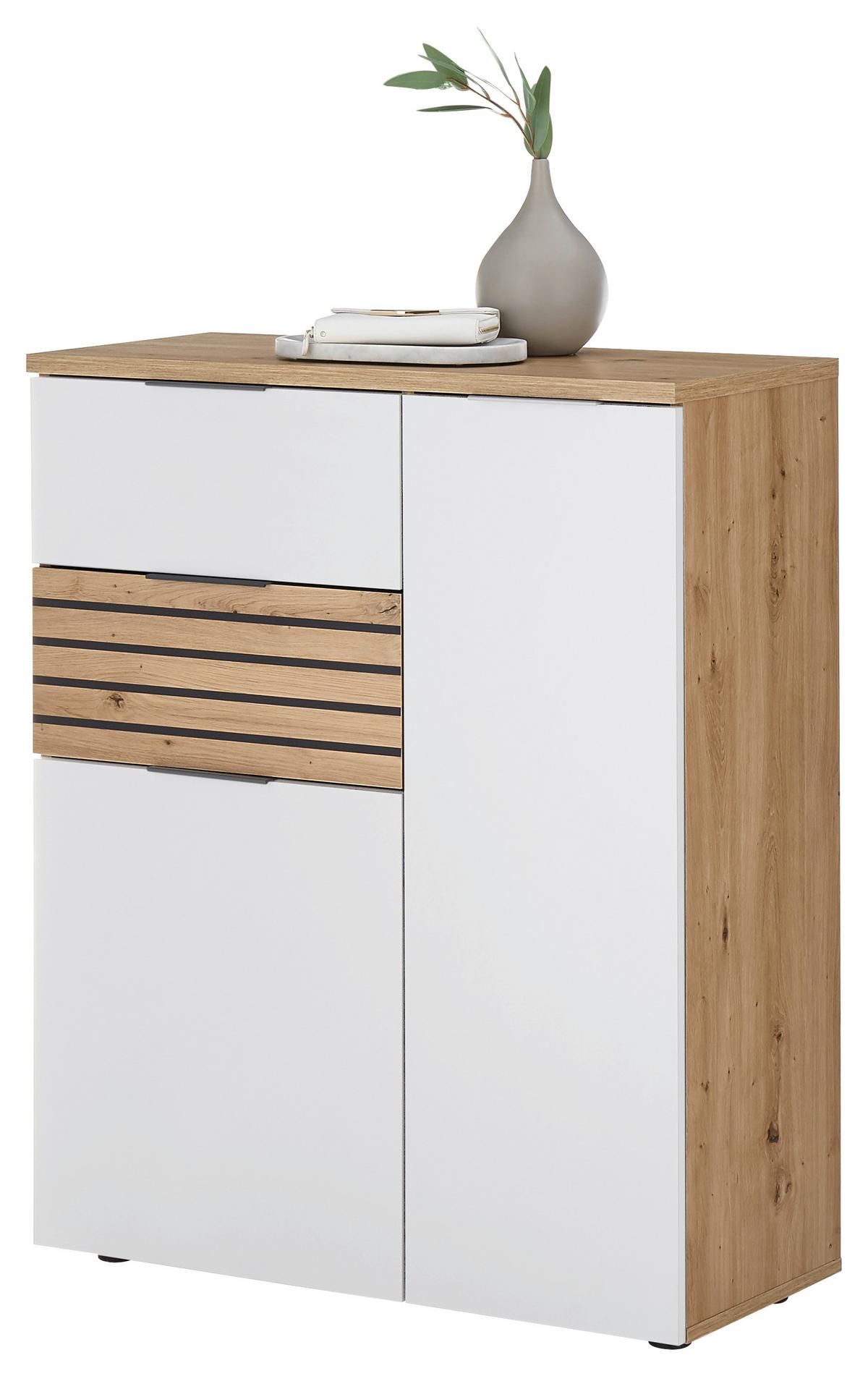 KOMODA MILAN - kolor srebrny/biały, Design, materiał drewnopochodny/tworzywo sztuczne (85/105/38cm) - MID.YOU