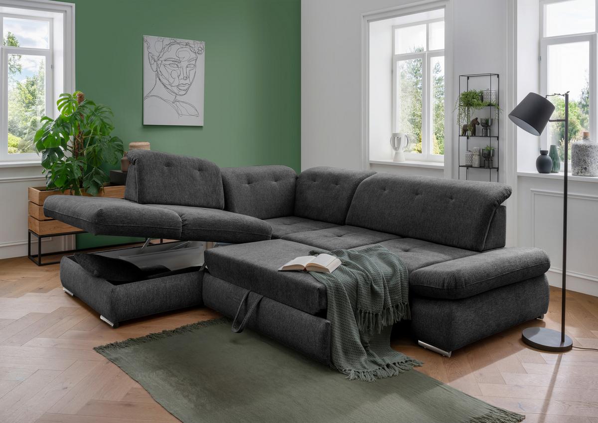 Ecksofa Dalida Anthrazit Chenille mit Bettkasten - Chromfarben/Anthrazit, Design, Textil/Metall (254/280cm) - Livetastic