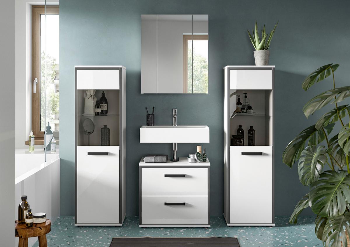 Badezimmer Kojak 4-tlg. Weiß/Anthrazit - Weiß Hochglanz/Schwarz, MODERN, Holzwerkstoff/Kunststoff (140cm) - MID.YOU