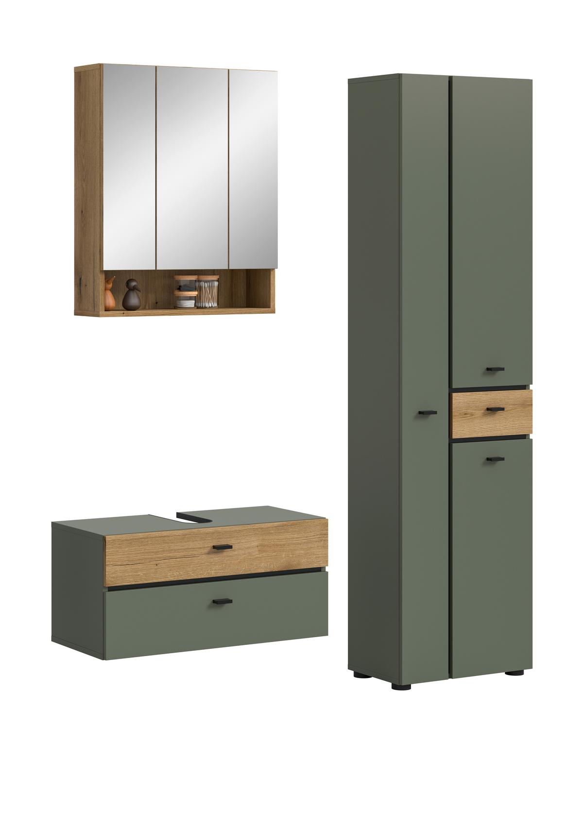Badezimmer AQUA Grün, Eichefarben 3-teilig - Eichefarben/Schwarz, Trend, Glas/Holzwerkstoff (126cm) - MID.YOU