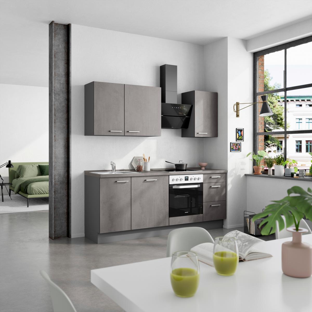 Küchenblock Riva High m. Geräten Schieferfarben - Schieferfarben/Edelstahlfarben, MODERN, Holzwerkstoff/Metall (210cm) - Nobilia