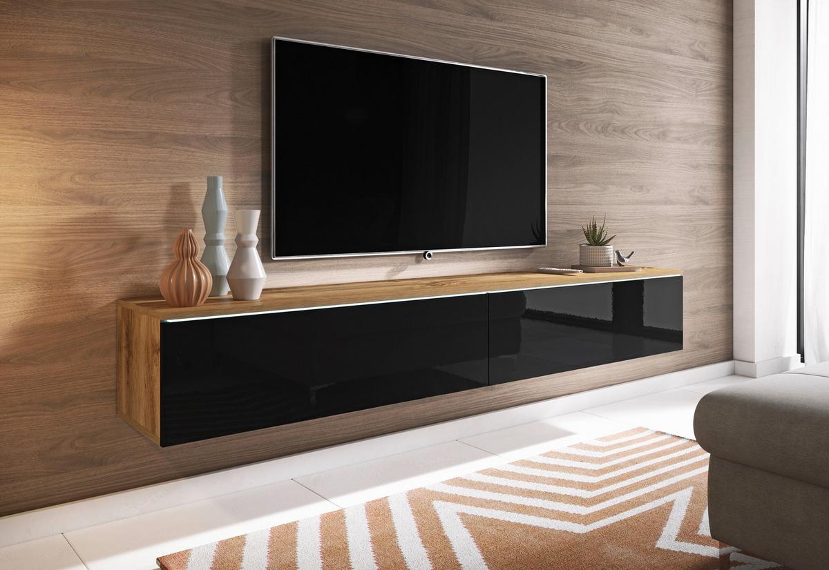 Lowboard ca. 180x30 cm mit LED Eiche Wotan/Schwarz - Schwarz Hochglanz/Eiche Wotan, LIFESTYLE, Holzwerkstoff/Kunststoff (180/30/33cm) - P & B