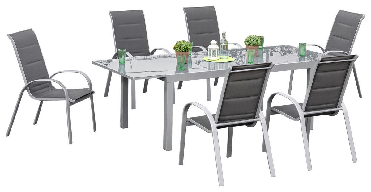 Gartenmöbel Set 7-tlg Amalfi di Lusso Metall/Glas/Textil - Anthrazit/Silberfarben, KONVENTIONELL, Glas/Textil - Gardenson