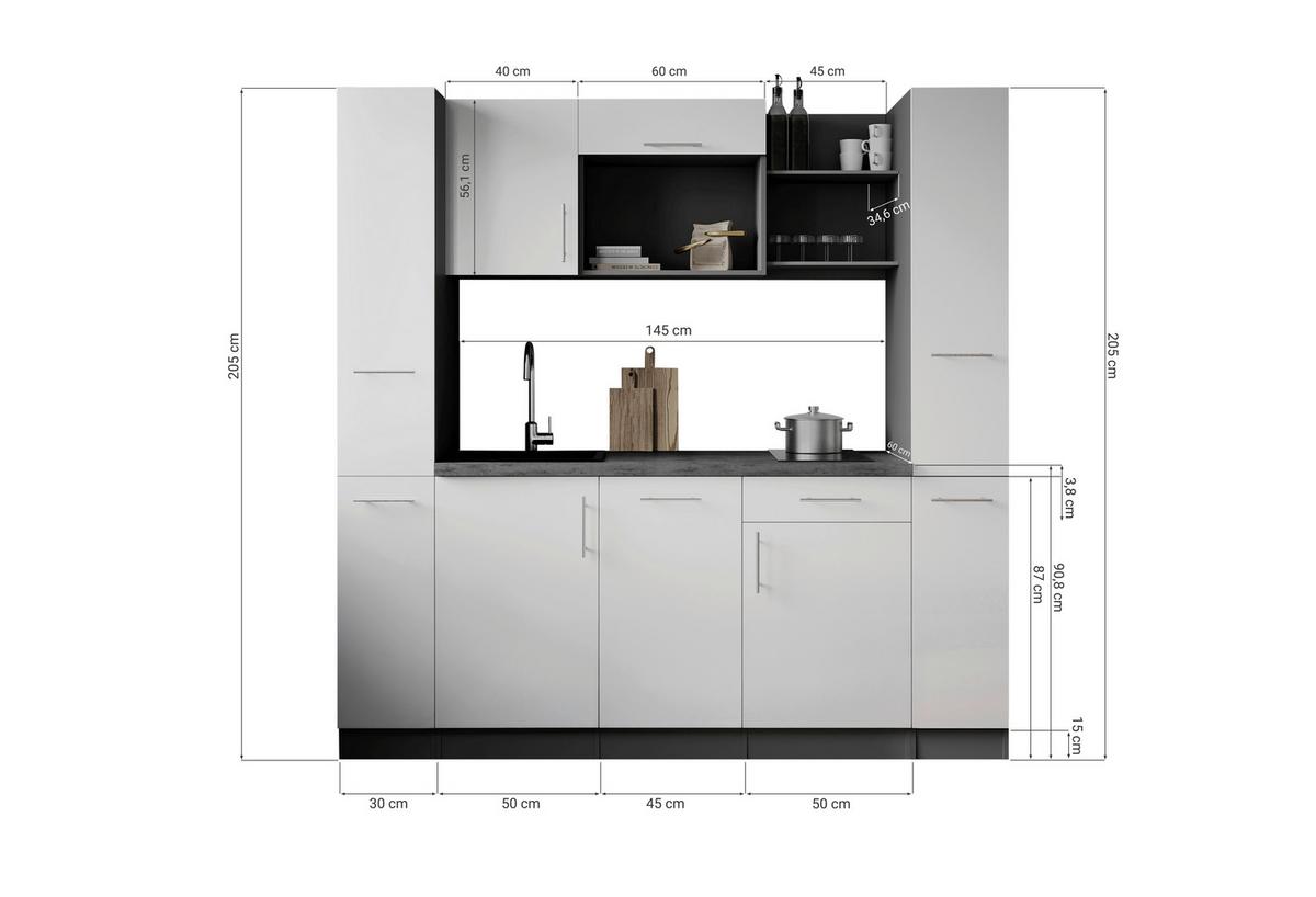 Küchenblock Oliver m. Geräten Schwarz - Schwarz/Grau, Trend, Holzwerkstoff/Metall (205cm) - Respekta