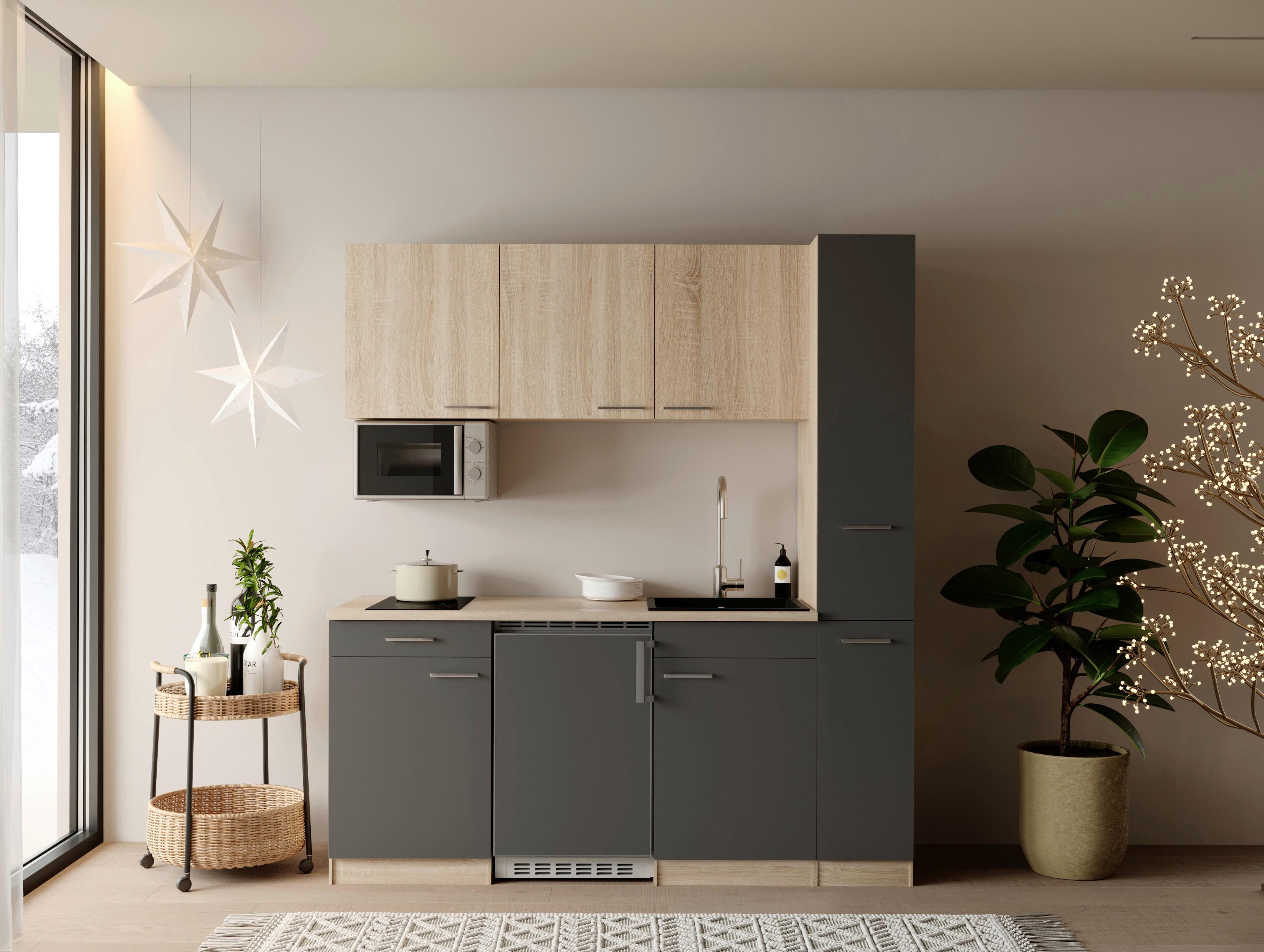 Küchenblock Ingrid m. Geräten Grau - Eichefarben/Alufarben, Design, Holzwerkstoff/Kunststoff (180cm) - Respekta