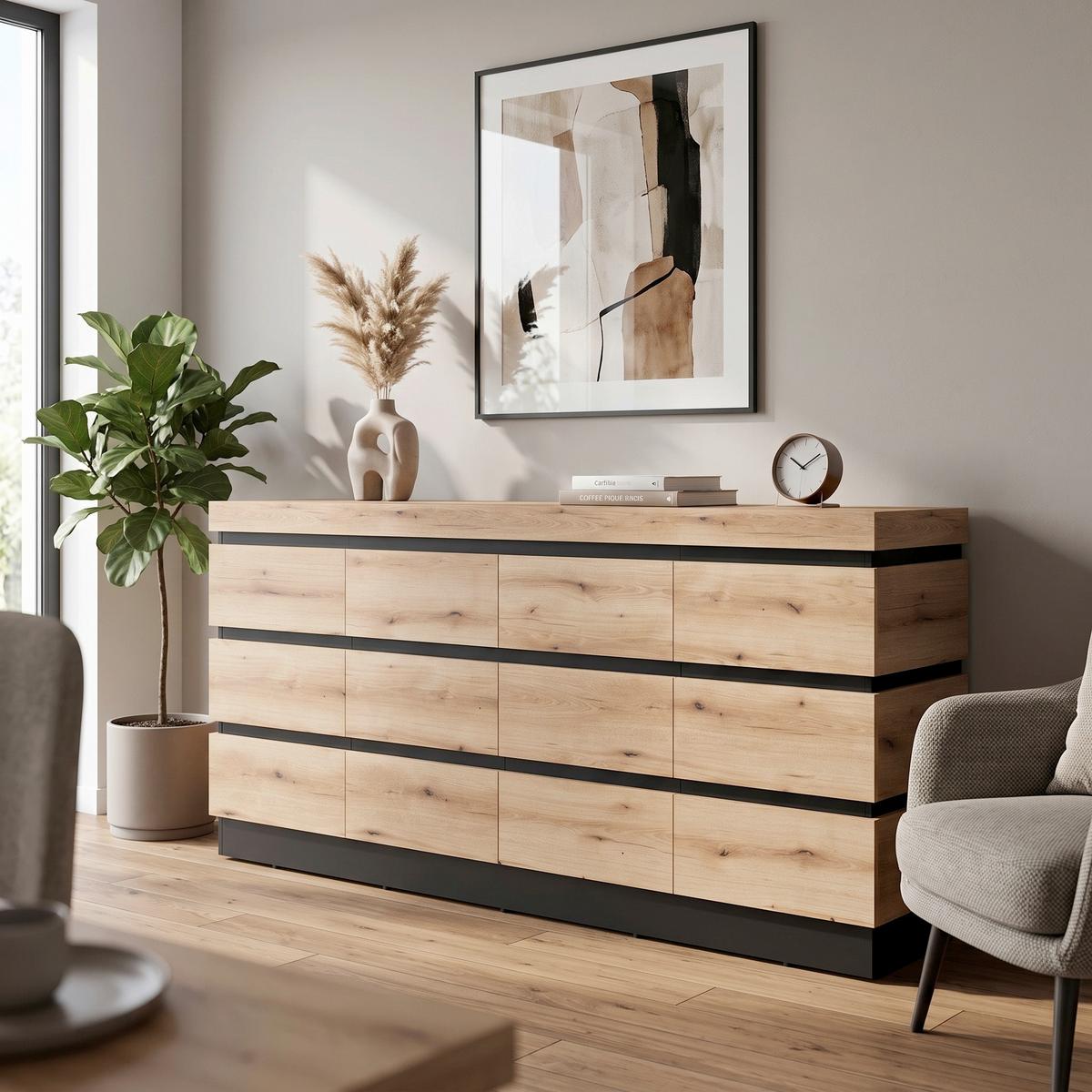 Komoda Corte - siva/boje hrasta, Trend, drvni materijal/plastika (201,2/92,5/45cm) - Modern Living