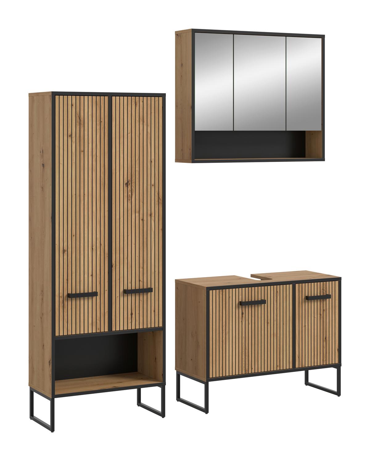 Badezimmer Bagno 3-tlg. Eiche Artisan/Schwarz - Schwarz/Eiche Artisan, Trend, Glas/Holzwerkstoff (139cm) - MID.YOU