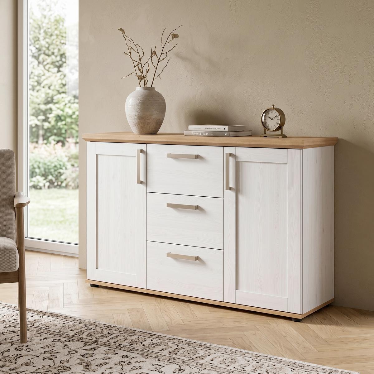 Tálalószekrény Verona - Artisan tölgy/ezüstszínű, Design, műanyag/faalapú anyag (129/80/40cm) - Livetastic