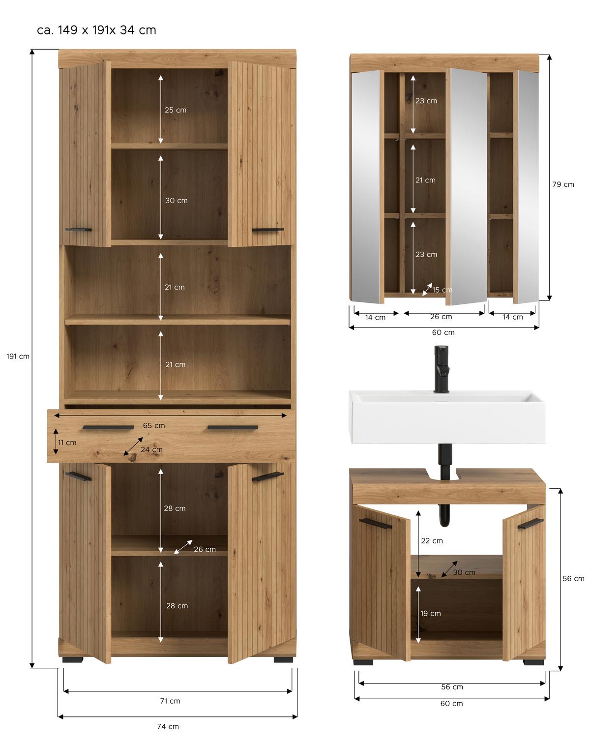 Badezimmer Scout Eiche Artisan 3-teilig - Schwarz/Eiche Artisan, Trend, Glas/Holzwerkstoff (134cm) - MID.YOU