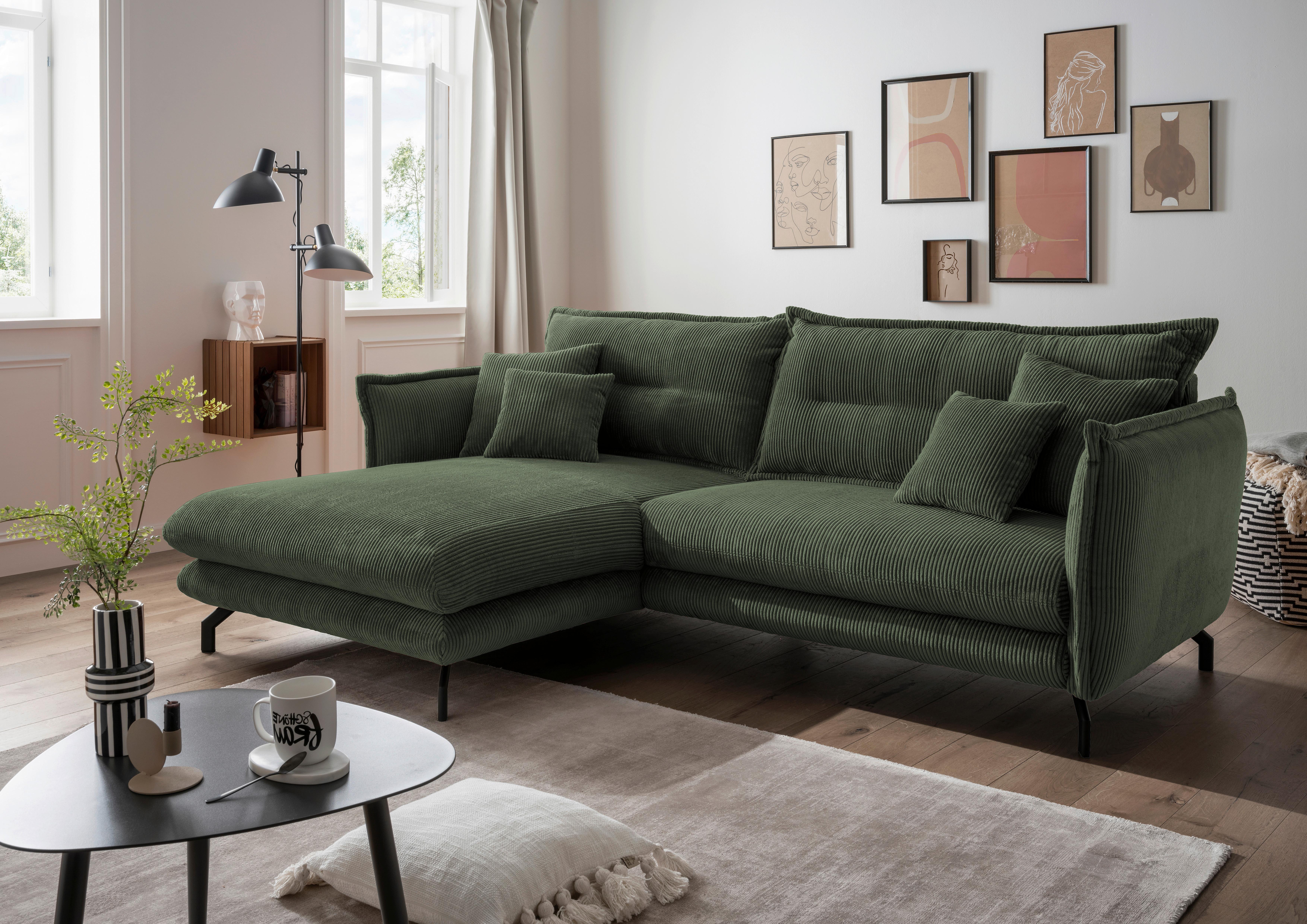 Wohnlandschaft Lava Moosgrün Cord ca. 180x255 cm - Schwarz/Grün, MODERN, Textil/Metall (180/255cm) - Livetastic