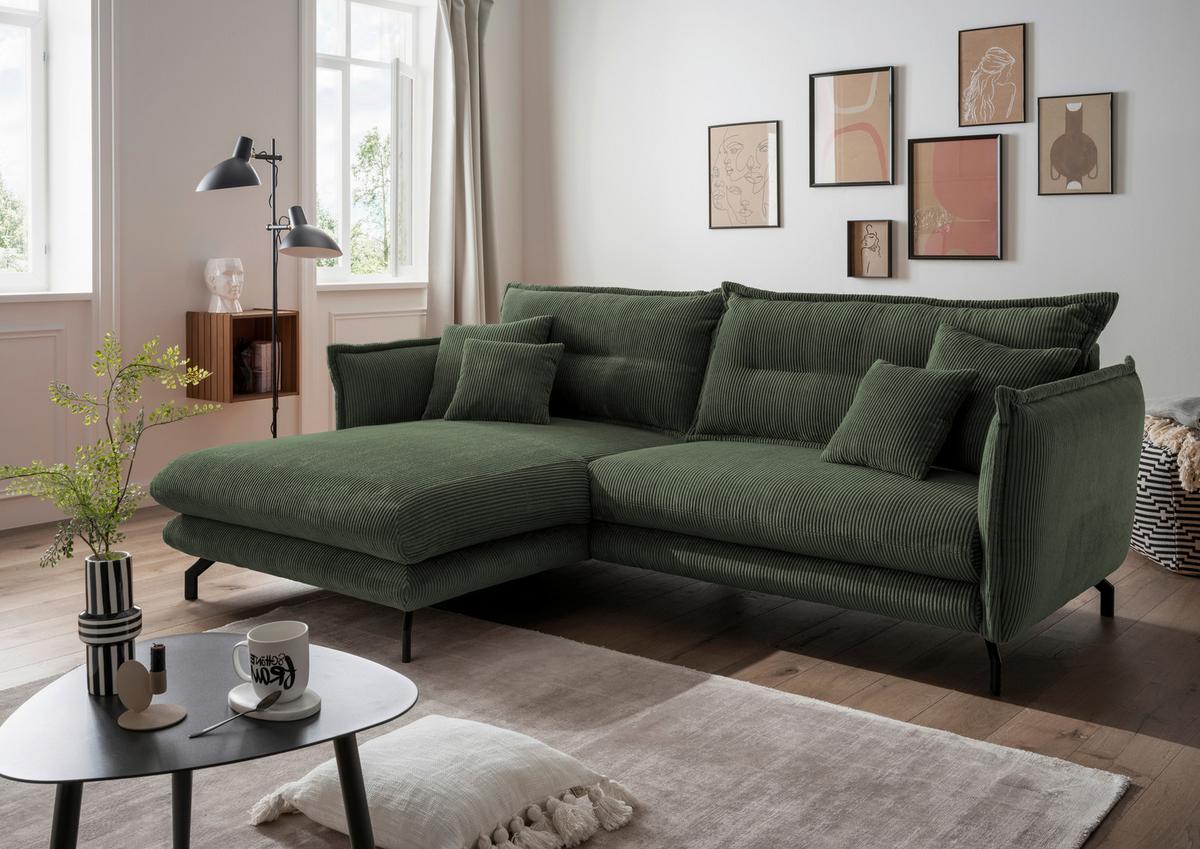 Wohnlandschaft Lava Moosgrün Cord ca. 180x255 cm - Schwarz/Grün, MODERN, Textil/Metall (180/255cm) - Livetastic