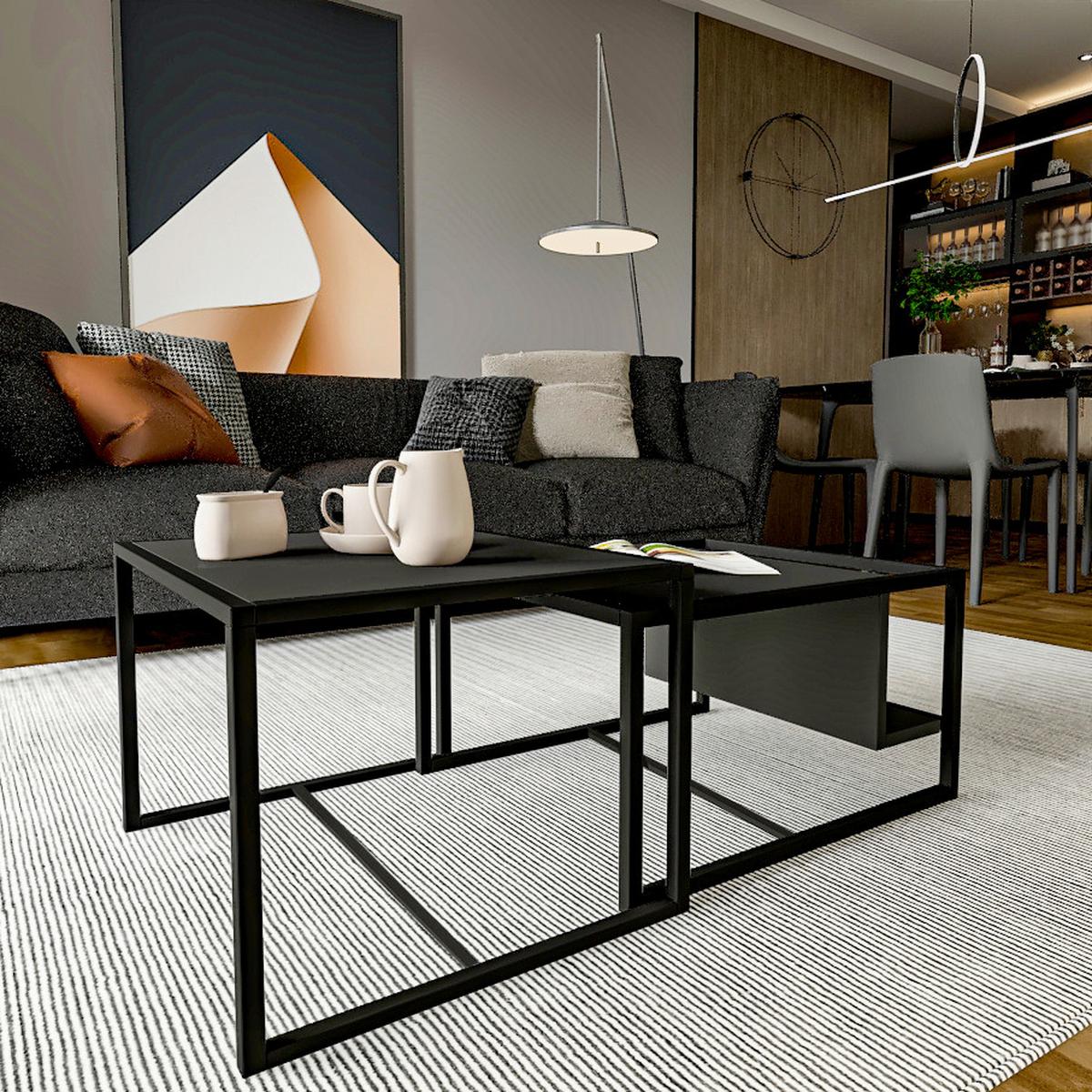 COUCHTISCHSET BATI COUCHTISCH - Anthrazit/Schwarz, Design, Holzwerkstoff/Metall - Livetastic