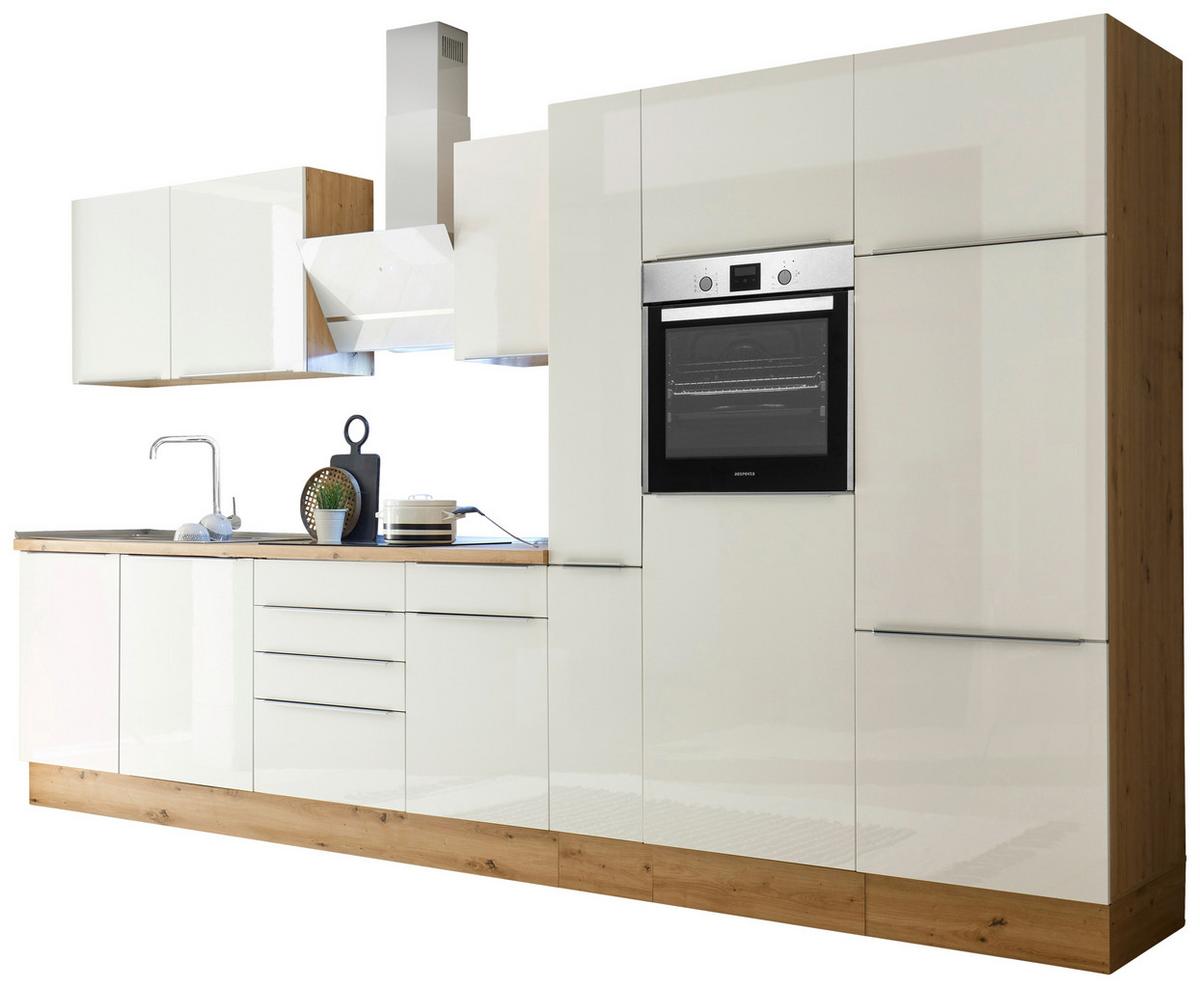 Küchenblock Marleen m. Geräten Weiß Hochglanz B: ca. 370cm - Weiß Hochglanz/Alufarben, LIFESTYLE, Holzwerkstoff/Kunststoff (370cm) - Respekta