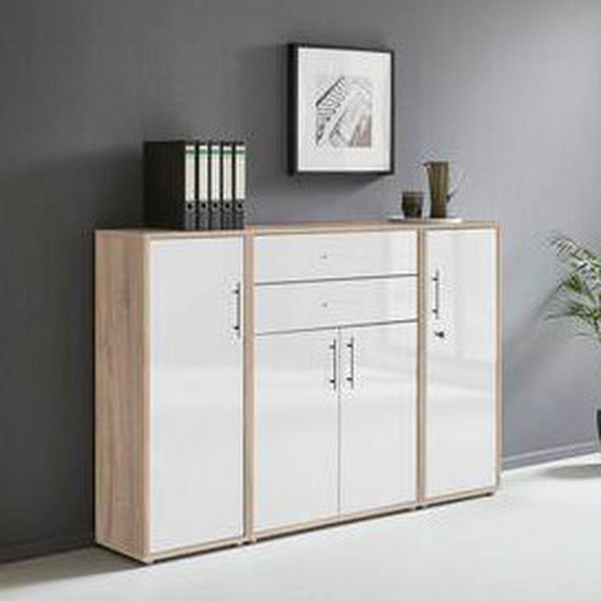 Aktenschrank Office Edition Sw Set 16 Sonoma Eiche/Weiß - Weiß Hochglanz/Sonoma Eiche, MODERN, Holzwerkstoff (172,6/113,6/33cm) - MID.YOU