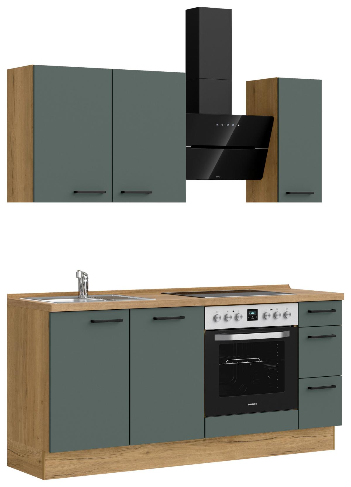 Küchenblock Easytouch m. Geräten Dunkelgrün - Dunkelgrün/Eichefarben, MODERN, Holzwerkstoff/Metall (180cm) - Nobilia