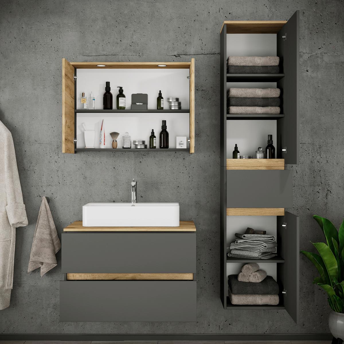 Badezimmer Cosila - Honigeiche/Weiss, Trend, Keramik/Holzwerkstoff (120cm) - MID.YOU