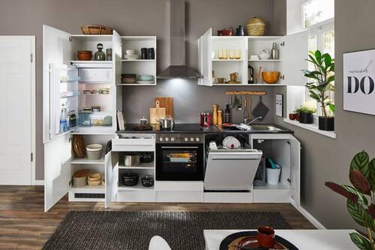 Küchenblock Jazz mit Geräten ca.280cm Weiß Hochglanz - Weiß Hochglanz/Dunkelgrau, LIFESTYLE, Holzwerkstoff/Kunststoff (280cm) - P & B