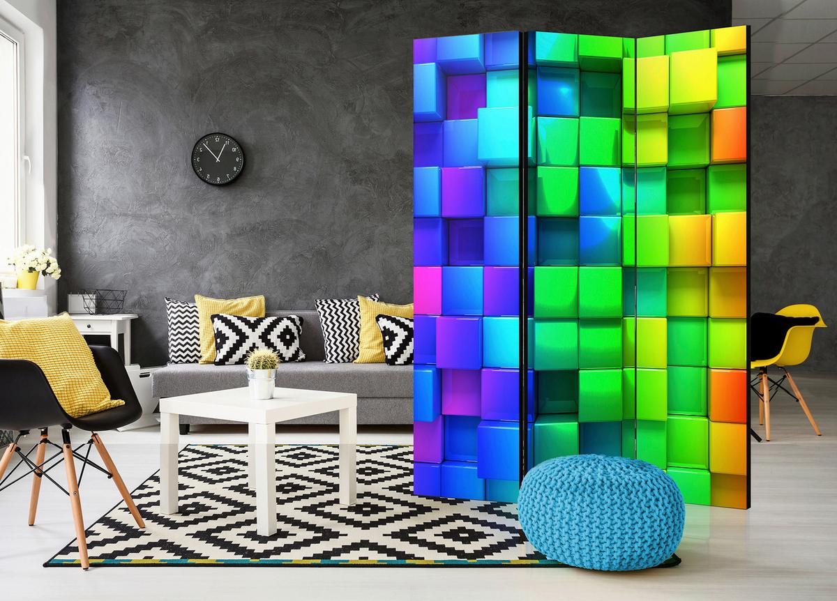 Paravan Colourful Cubes, 3-Delni, Dvostranski - večbarvno, Basics, tekstil/les (135/172/3cm) - artgeist