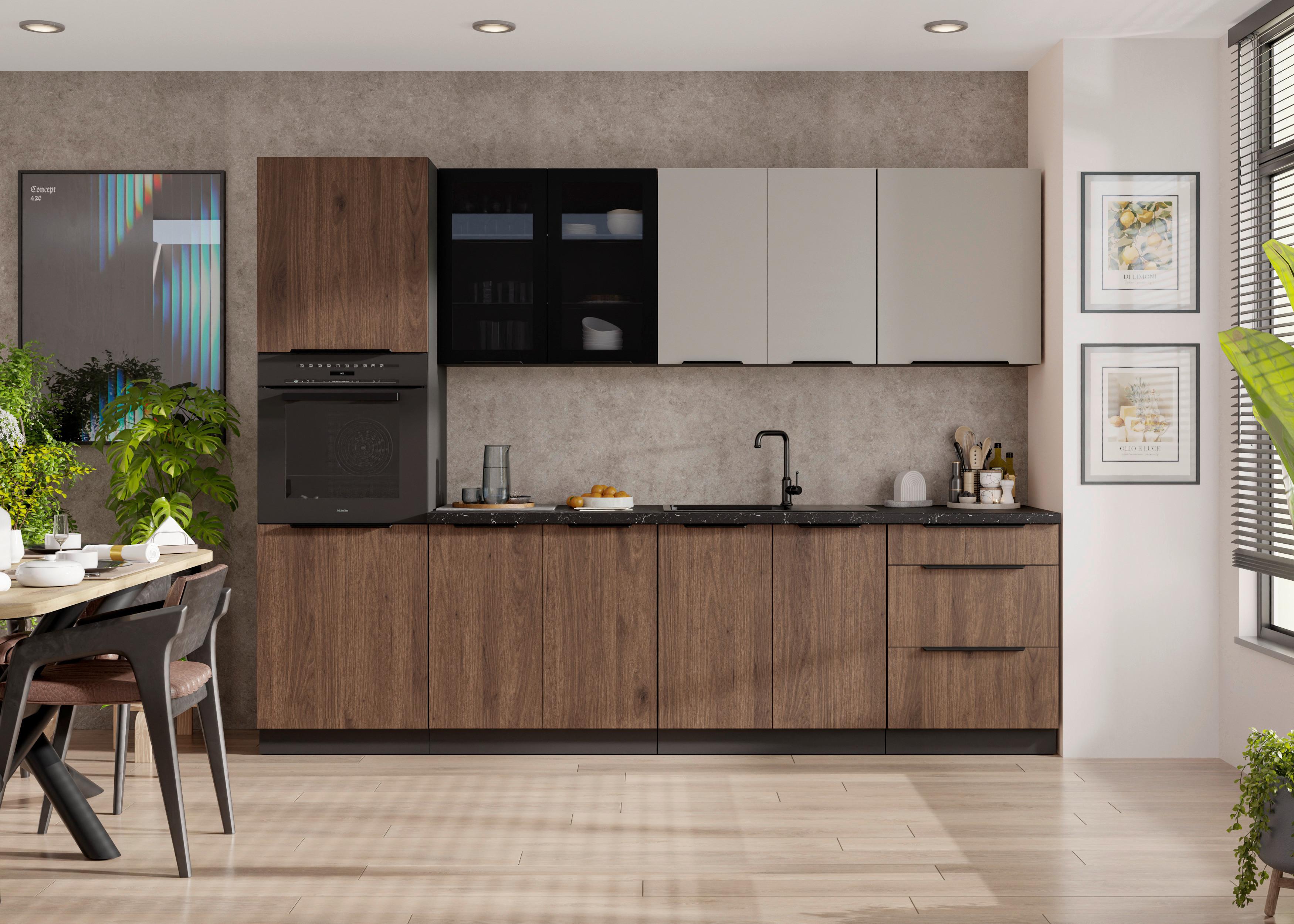 Blok Kuhinja Monza/arona - kašmir/boja orahovog drveta, Moderno, staklo/metal (260/210/60cm) - Modern Living