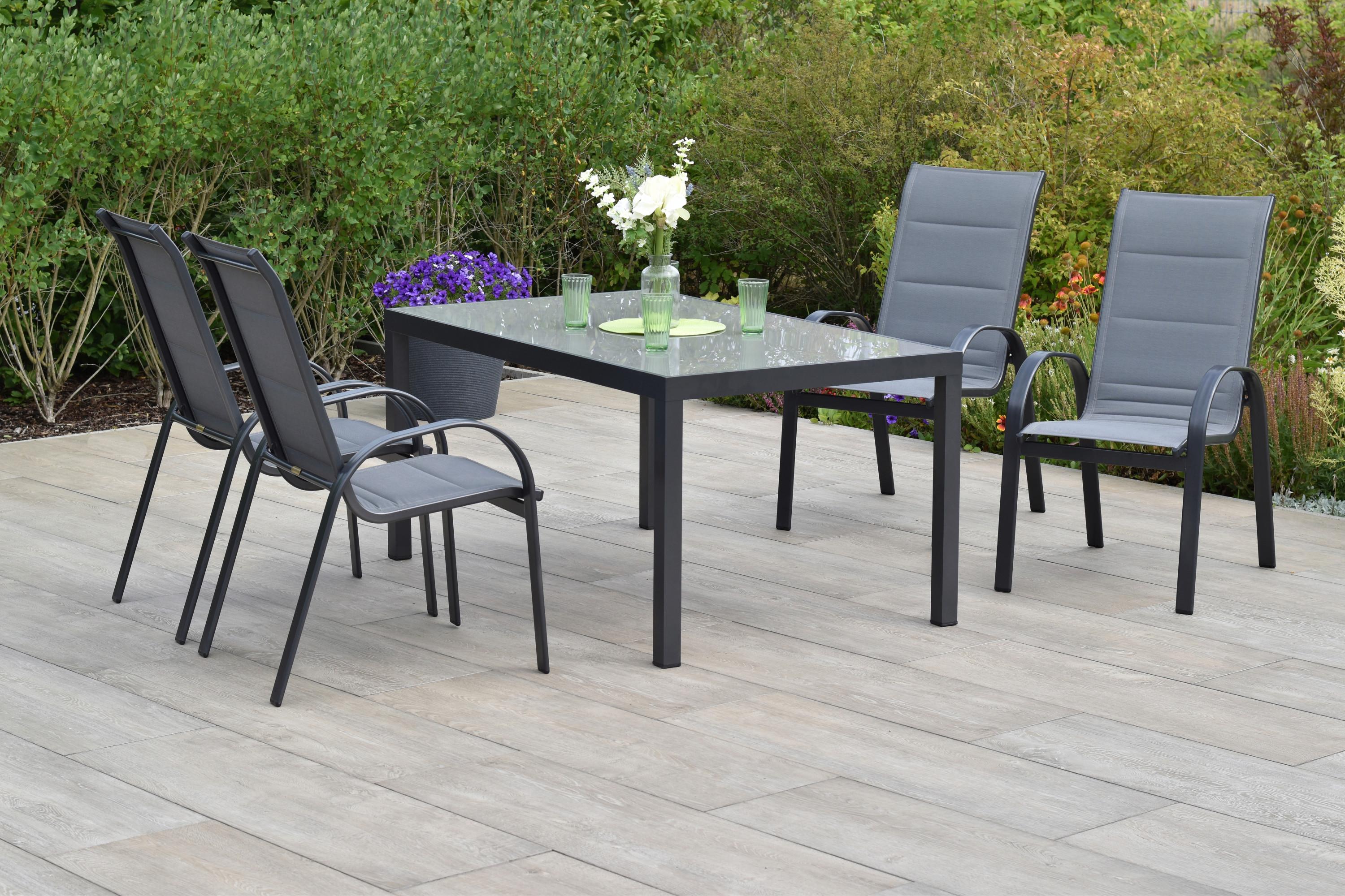 Gartentischgruppe Amalfi 5-tlg. Graphitfarben - Graphitfarben/Grau, KONVENTIONELL, Glas/Textil - Gardenson