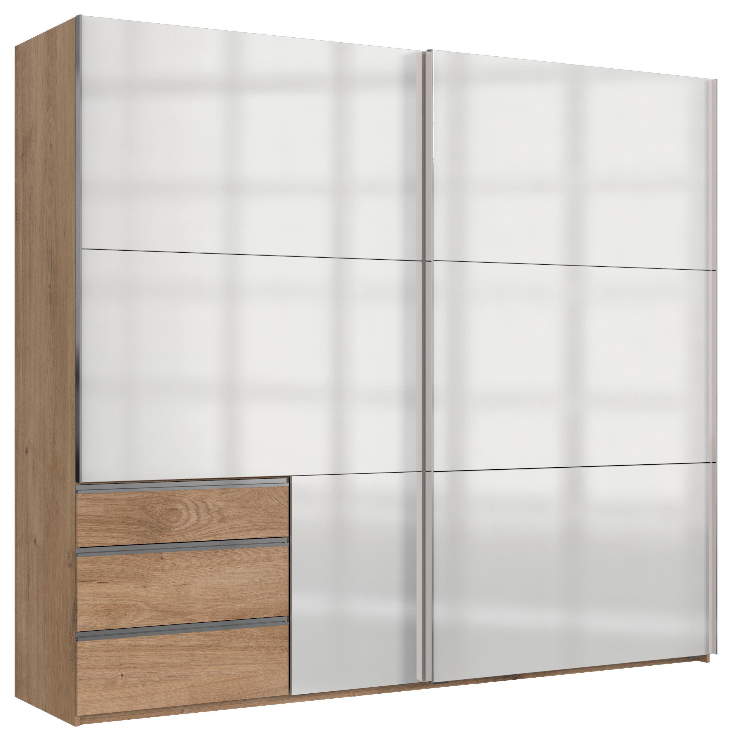 Schwebetürenschrank Level 36D Weiß/Eiche ca.250x216x65 cm - Chromfarben/Weiß Hochglanz, MODERN, Holzwerkstoff/Metall (250/216/65cm) - MID.YOU