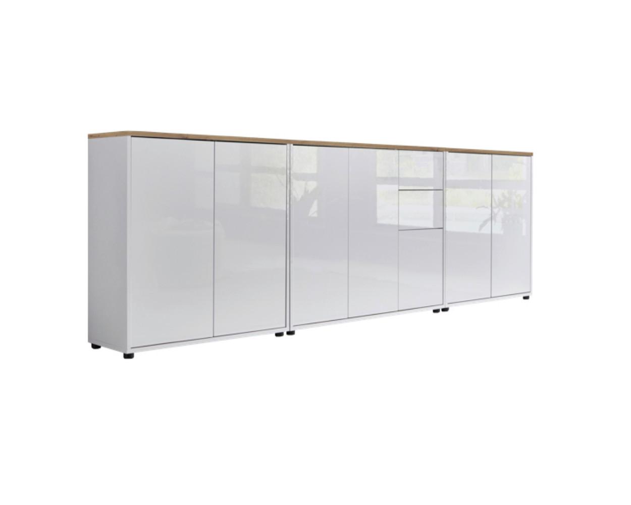 Sideboard Mailand Set 6 Weiß/Eiche - Weiß Hochglanz/Schwarz, MODERN, Holzwerkstoff/Kunststoff (263,5/73/33cm) - MID.YOU
