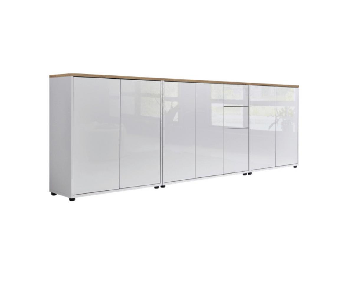 Sideboard Mailand Set 6 Weiß/Eiche - Weiß Hochglanz/Schwarz, MODERN, Holzwerkstoff/Kunststoff (263,5/73/33cm) - MID.YOU