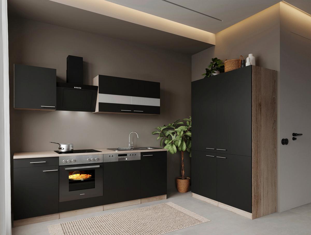Küchenblock Merle m. Geräten Schwarz - Edelstahlfarben/Eichefarben, Trend, Holzwerkstoff/Metall (340cm) - Respekta