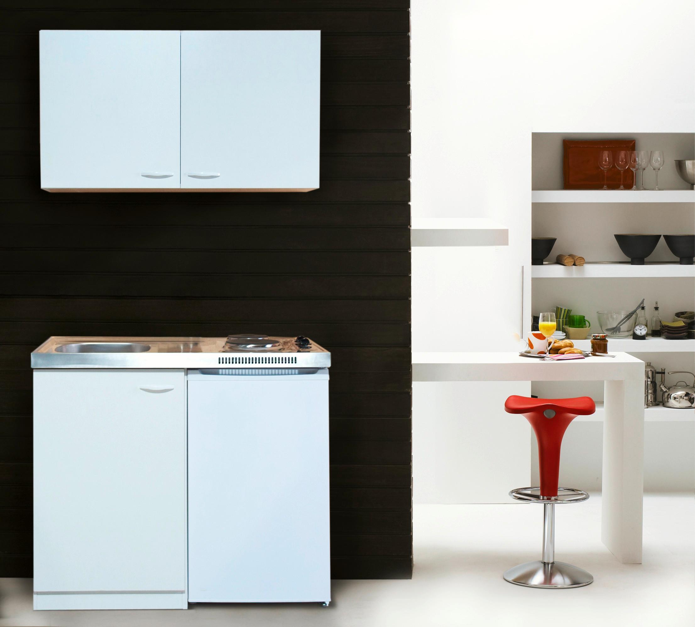 Miniküche Weiß m. Spüle Koch feld Kühlschrank B: ca. 100 cm - Weiß, MODERN, Holzwerkstoff/Kunststoff (100cm) - Respekta
