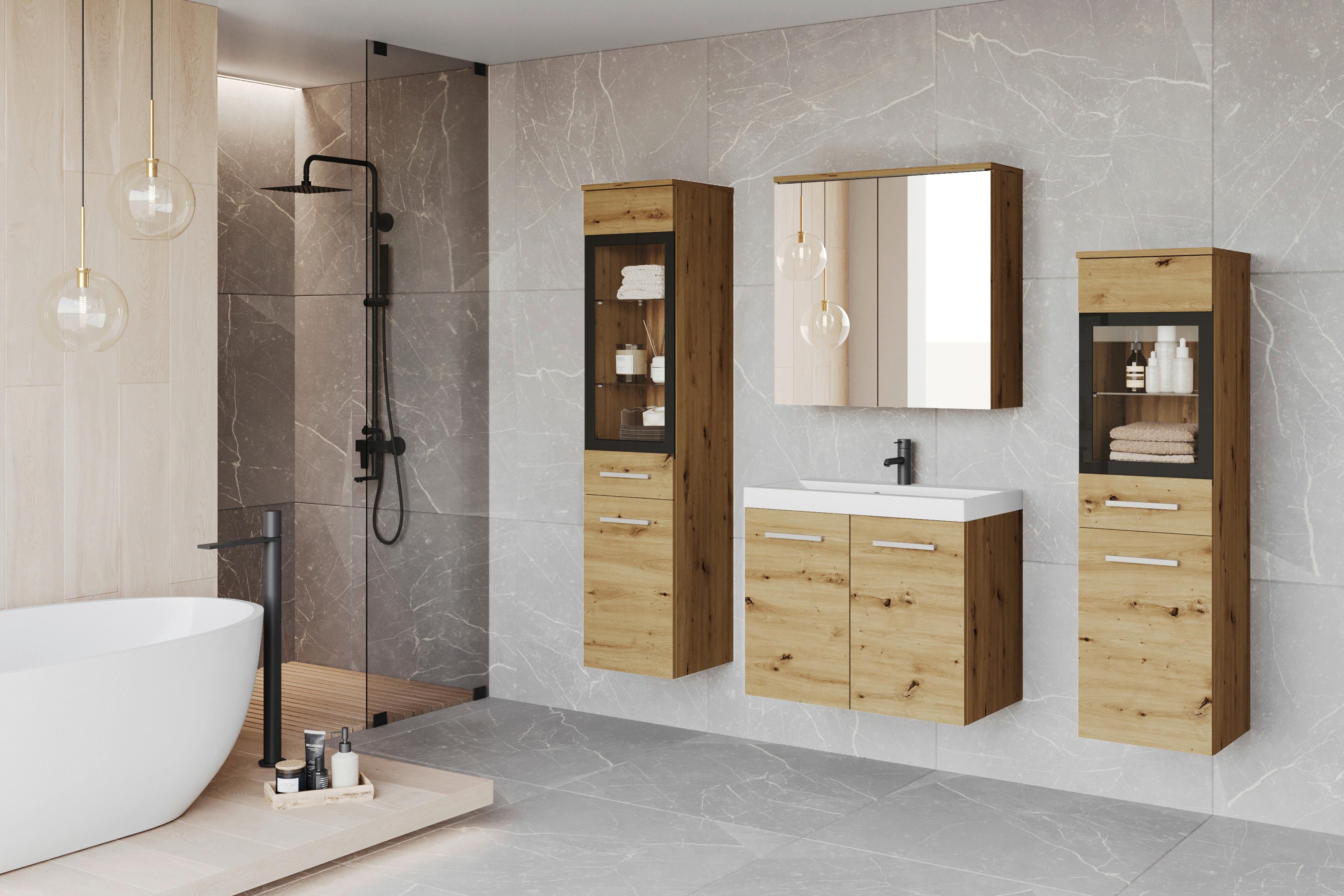 Badmöbel-Set 5-tlg. Madrit mit LED ca. 120 cm Eiche Artisan - Silberfarben/Eiche Artisan, LIFESTYLE, Glas/Keramik (120cm) - P & B