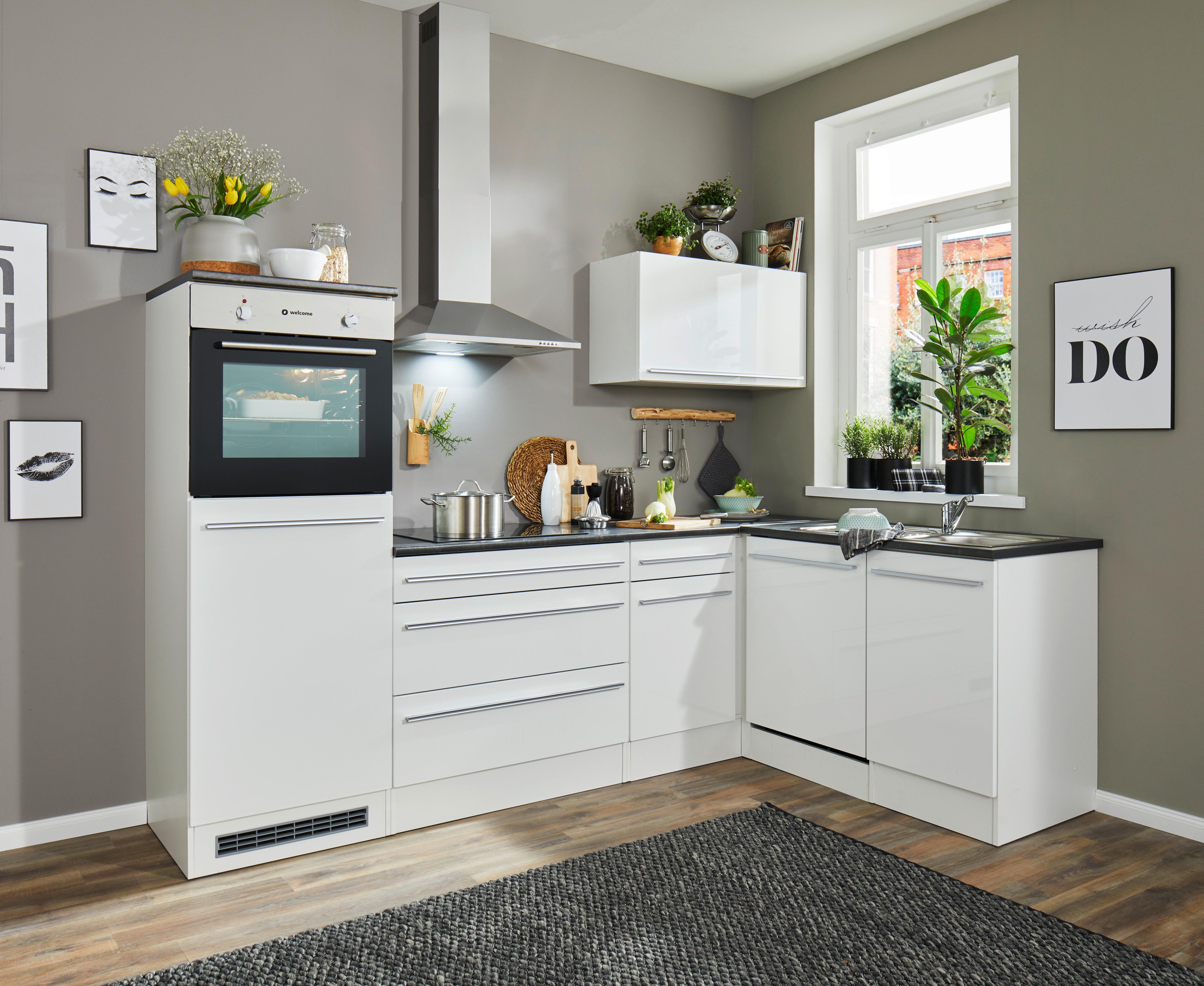 Eckküche Jazz mit Geräten ca.260x175cm Weiß Hochglanz - Weiß Hochglanz/Anthrazit, Basics, Holzwerkstoff/Kunststoff (260/175cm) - P & B