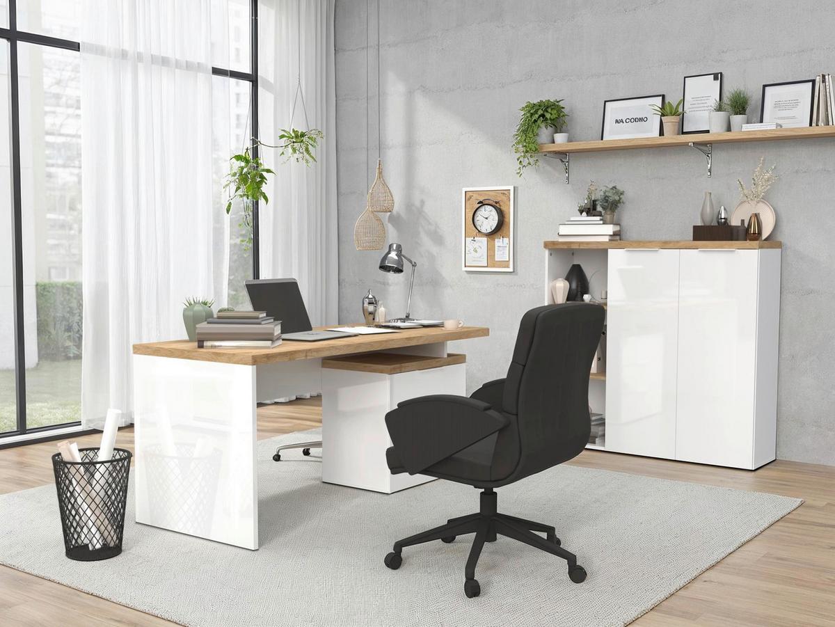 Schreibtisch Easy Office Eichefarben/Weiß Hochglanz - Eichefarben/Weiß Hochglanz, MODERN, Holzwerkstoff/Metall (160/75/68cm) - Based