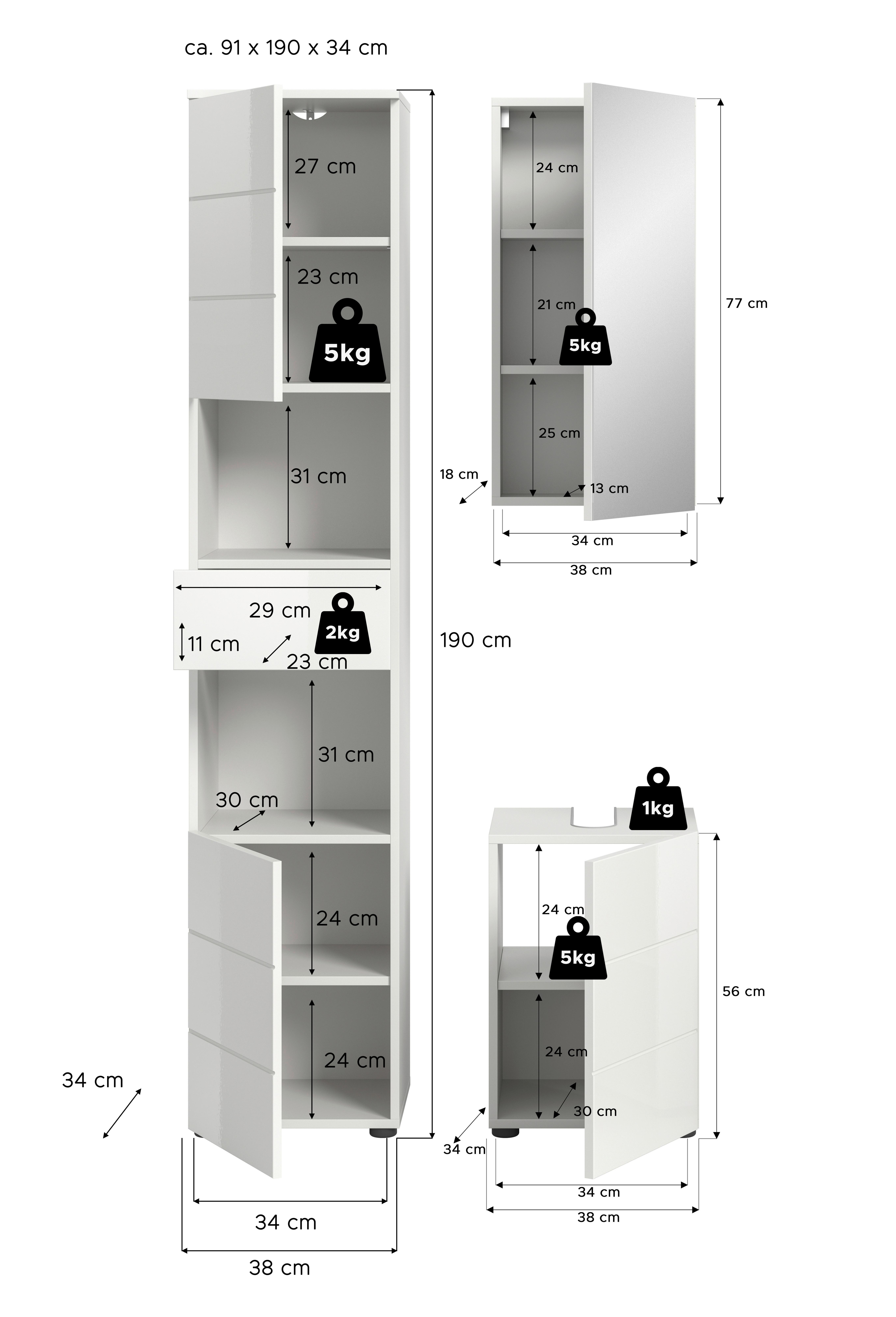 Fürdőszobabútor Vira - magasfényű fehér, Modern, faalapú anyag (76cm) - MID.YOU