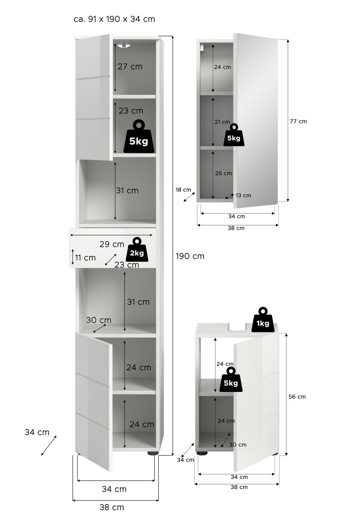 Badezimmer Vira 3-tlg. mit LED ca. 76 cm Weiß - Weiß Hochglanz/Schwarz, MODERN, Holzwerkstoff/Kunststoff (76cm) - MID.YOU