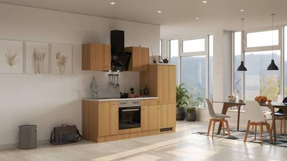 Küchenblock Nano mit Geräten ca. 220 cm Buchefarben - Edelstahlfarben/Beige, MODERN, Holzwerkstoff/Kunststoff (220cm) - FlexWell