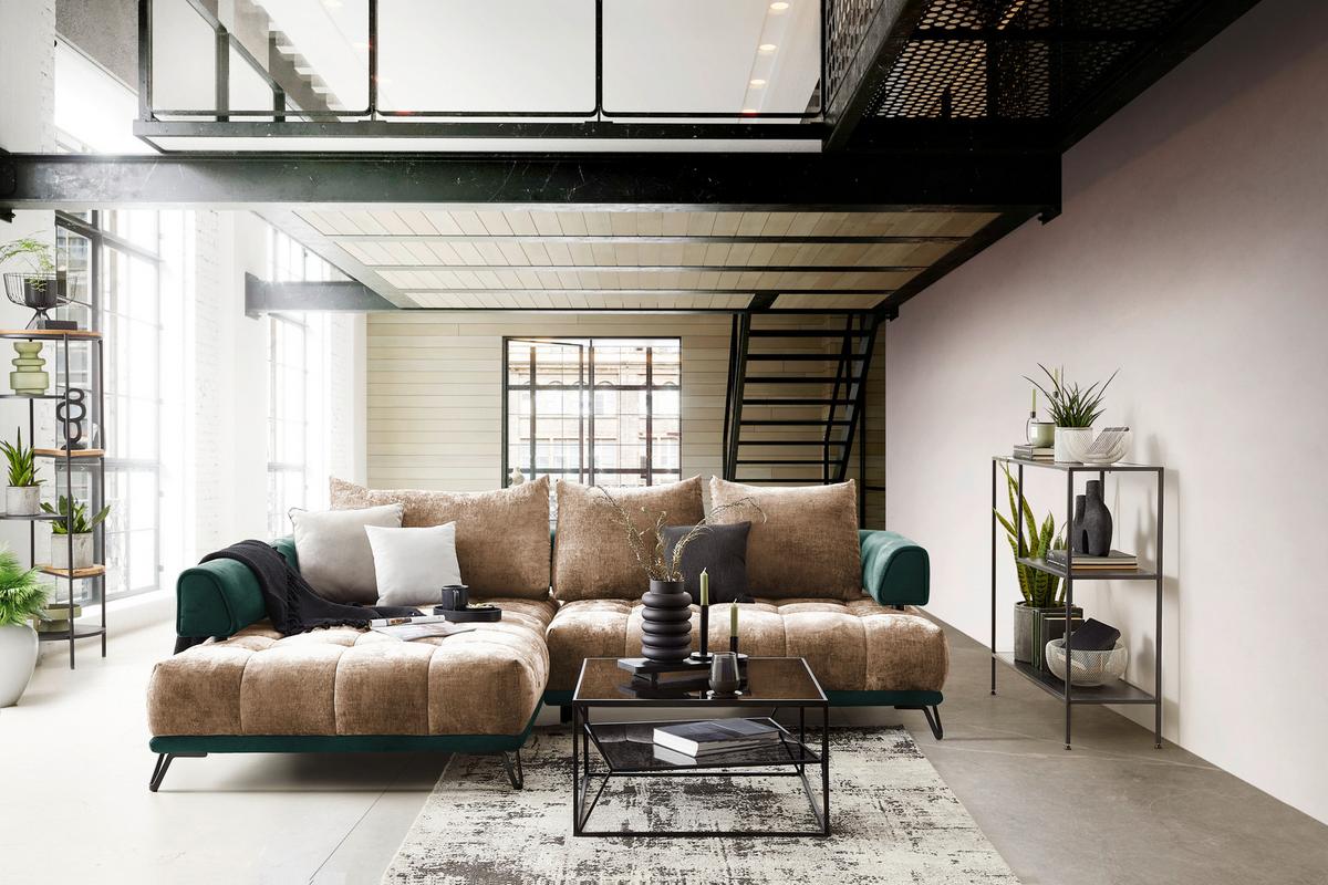 Ecksofa Morgan Dunkelgrün/Cappuccino - Dunkelgrün/Schwarz, MODERN, Textil/Metall (184/67-87/262cm) - Mömax