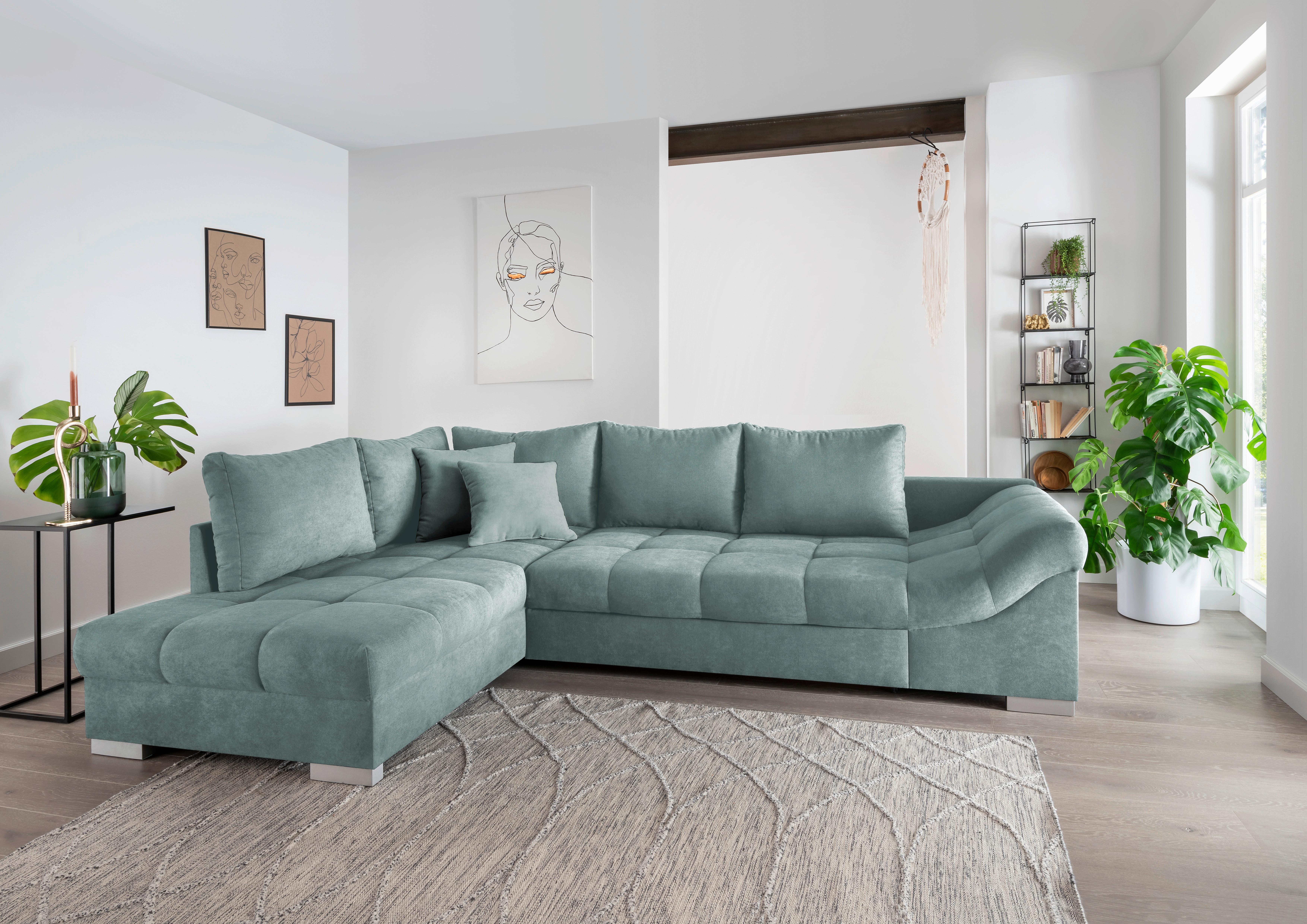 Wohnlandschaft Alvito Mintgrün Nylon/Mikrofaser - Silberfarben/Mintgrün, Design, Holz/Textil (202/298cm) - MID.YOU