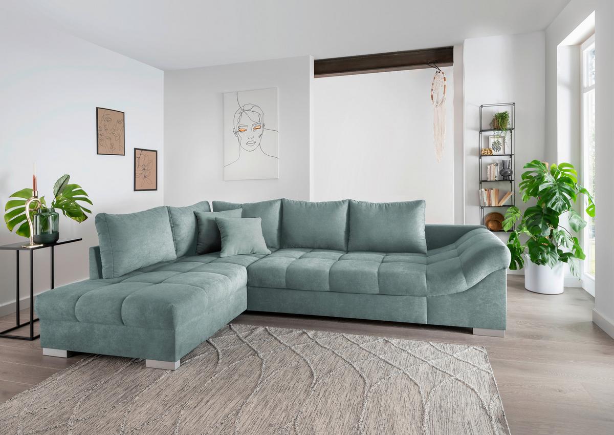 Wohnlandschaft Alvito Mintgrün Nylon/Mikrofaser - Silberfarben/Mintgrün, Design, Holz/Textil (202/298cm) - MID.YOU