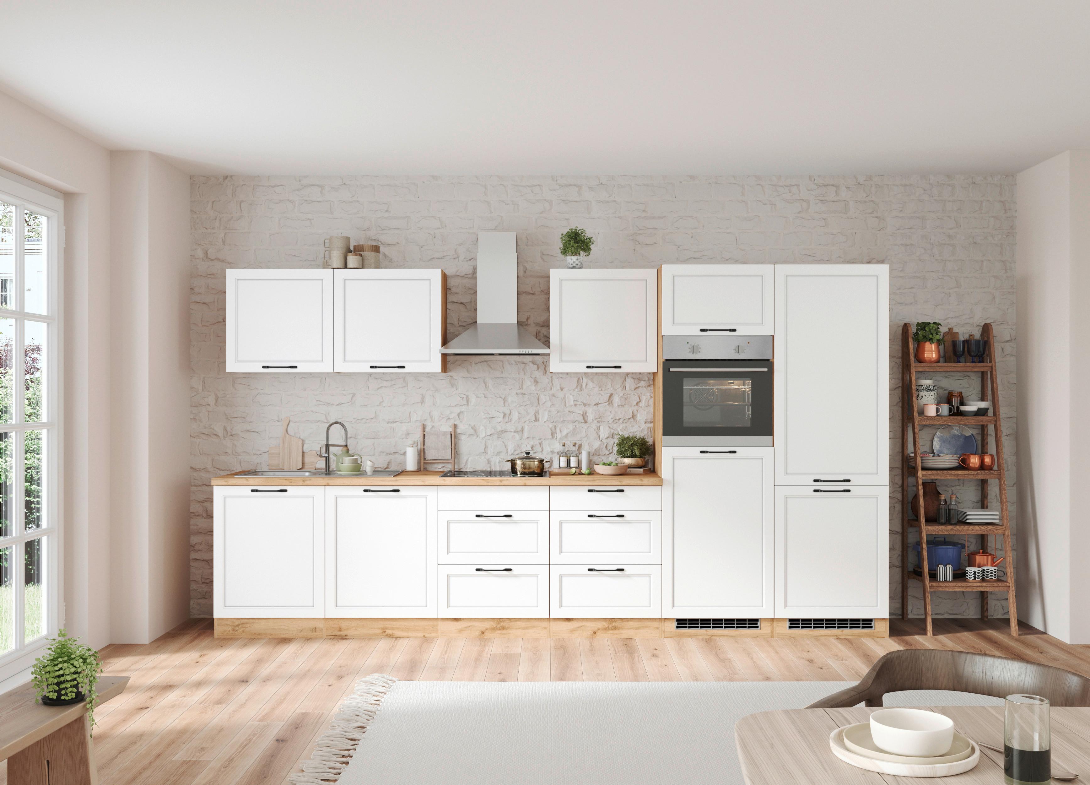 Küchenzeile Meran mit Geräten ca. 360 cm Weiß/Eiche Dekor - Eiche Wotan/Schwarz, LIFESTYLE, Holzwerkstoff/Metall (360cm) - Held