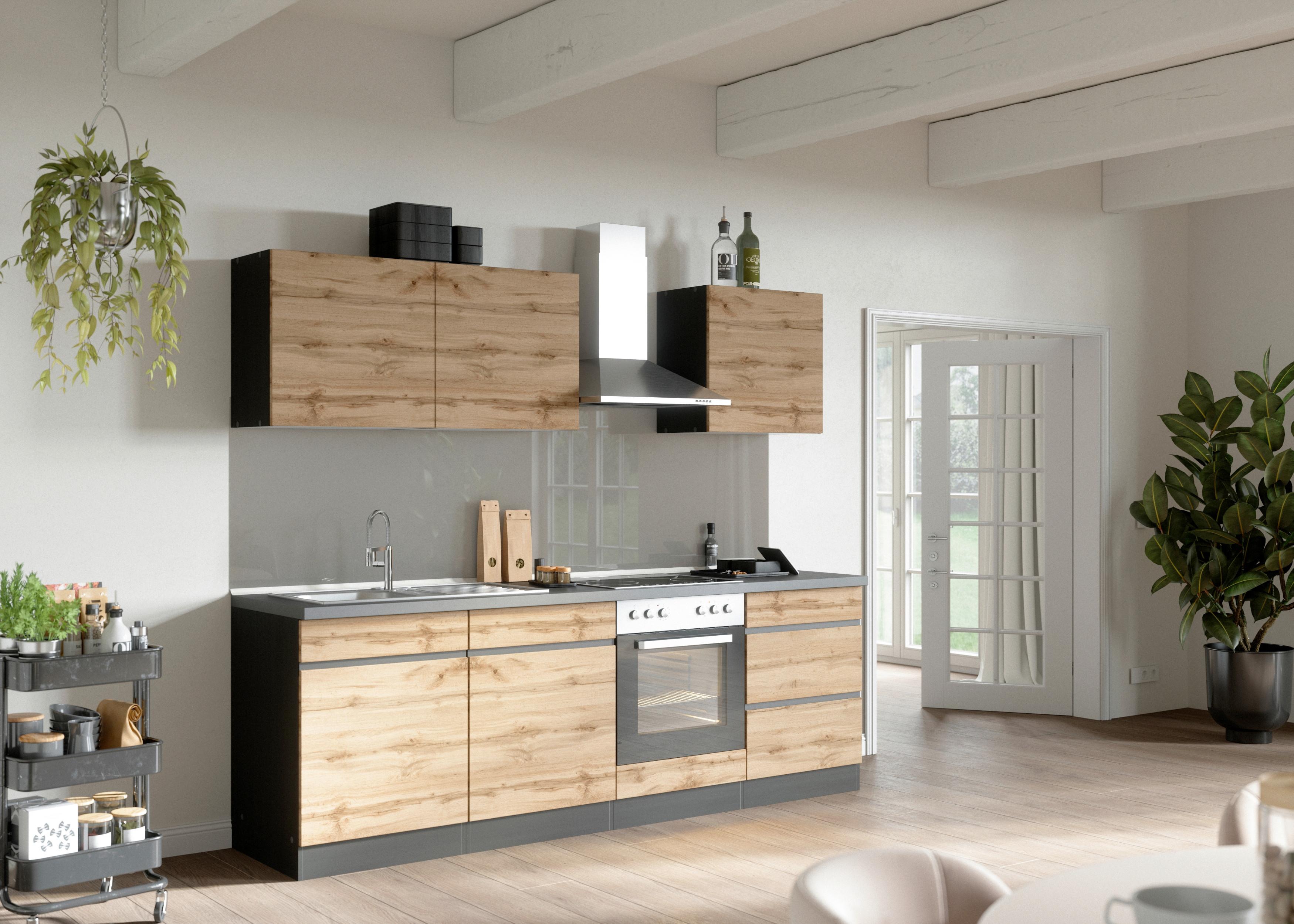 Küchenblock Turin mit Geräten ca. 240 cm Grau/Eiche - Eiche Wotan/Graphitfarben, Design, Holzwerkstoff (240cm) - Held